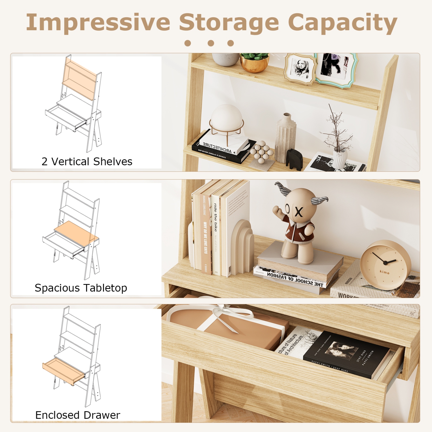 Costway Ladder Shelf Desk Bookcase w/Countertop, Drawer & 2 Shelves Bookshelf