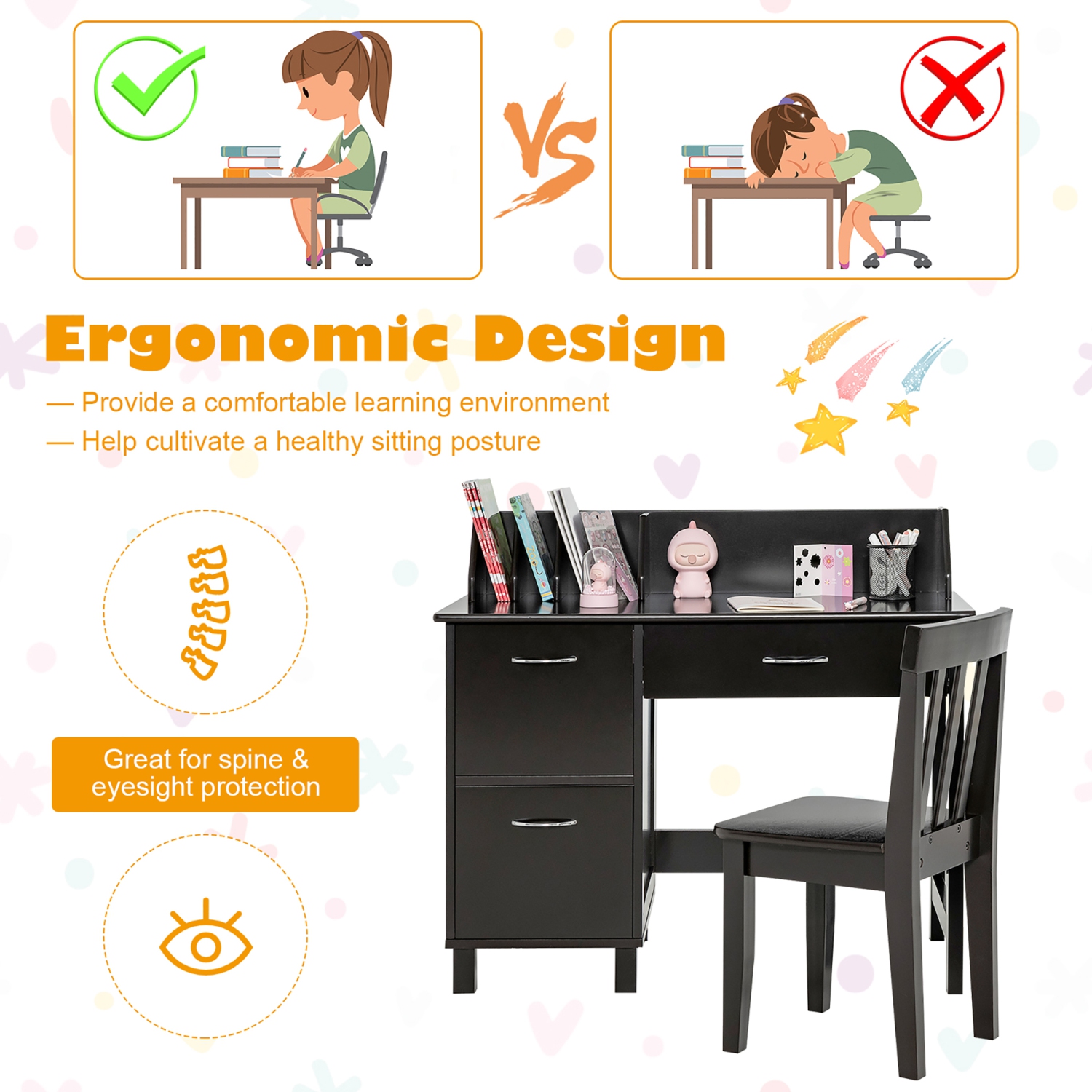 Costway Kids Wooden Study Desk & Chair Writing Table w/Drawer Storage Cabinet