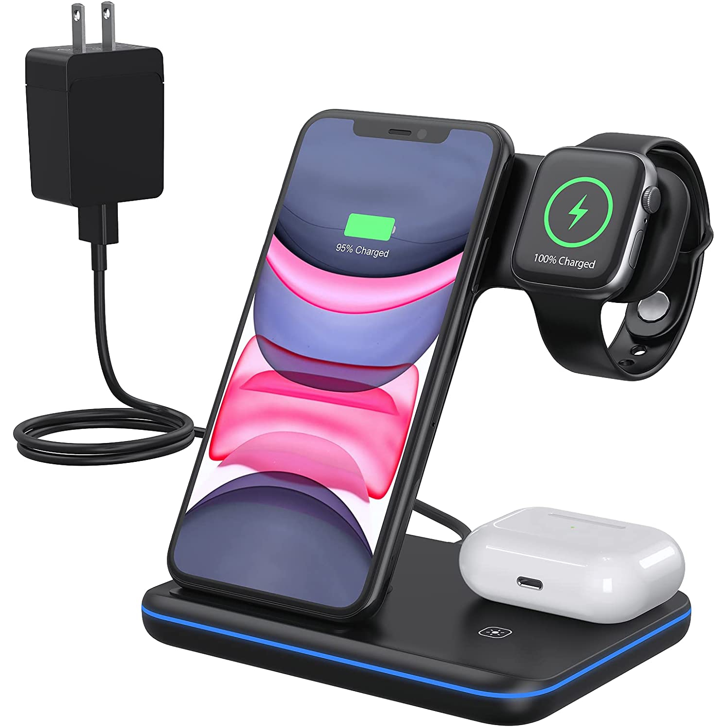 iPhone Wireless Charger Stand,3 in 1 Fast Charging Station,Wireless Charging Dock for Apple iPhone 13/12/11/11pro/11pro Max/X/XS/XR/Xs Max/8/8 Plus, Samsung,Apple Watch Series, Air