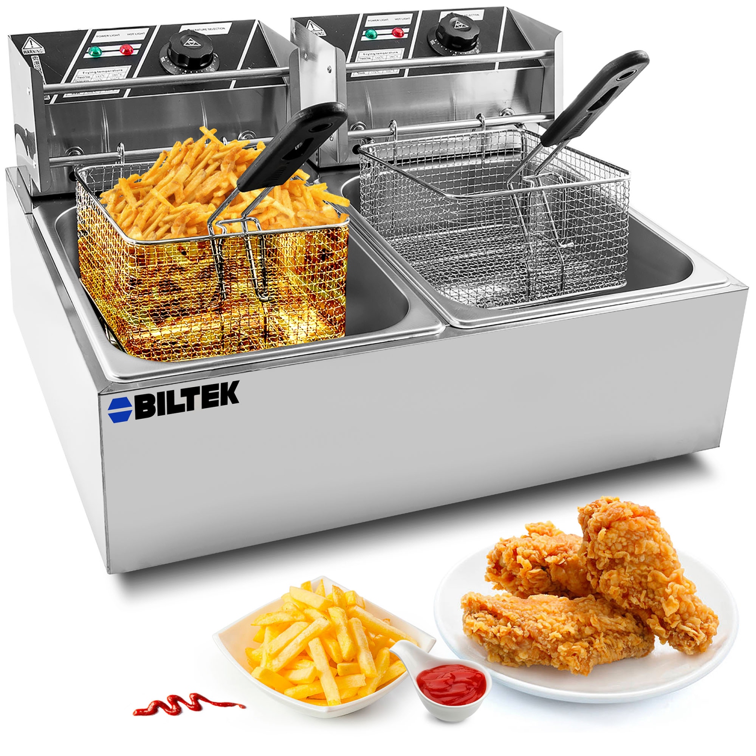 Biltek Double Deep Fryer with Baskets for Home Use and Small Business, Commercial Electric Deep Fryer, 2 x Large Removable Baskets, Outdoor Electric Fryer with Baskets Large,