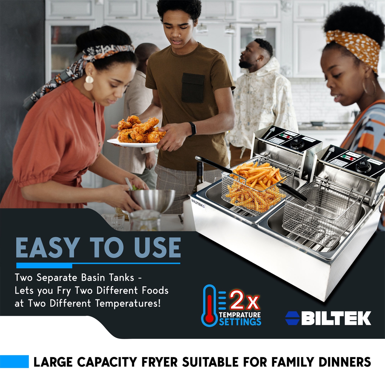 Biltek – friteuse double avec paniers pour la maison et les petites entreprises, friteuse électrique commerciale, 2 grands paniers amovibles,