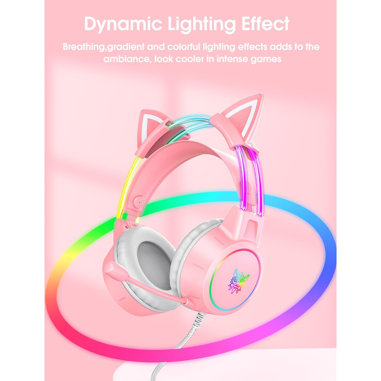 Casque de jeu rose léger avec oreilles Cat amovibles, lumières RVB, son ambiophonique et microphone à suppression du bruit – compatible avec PC,