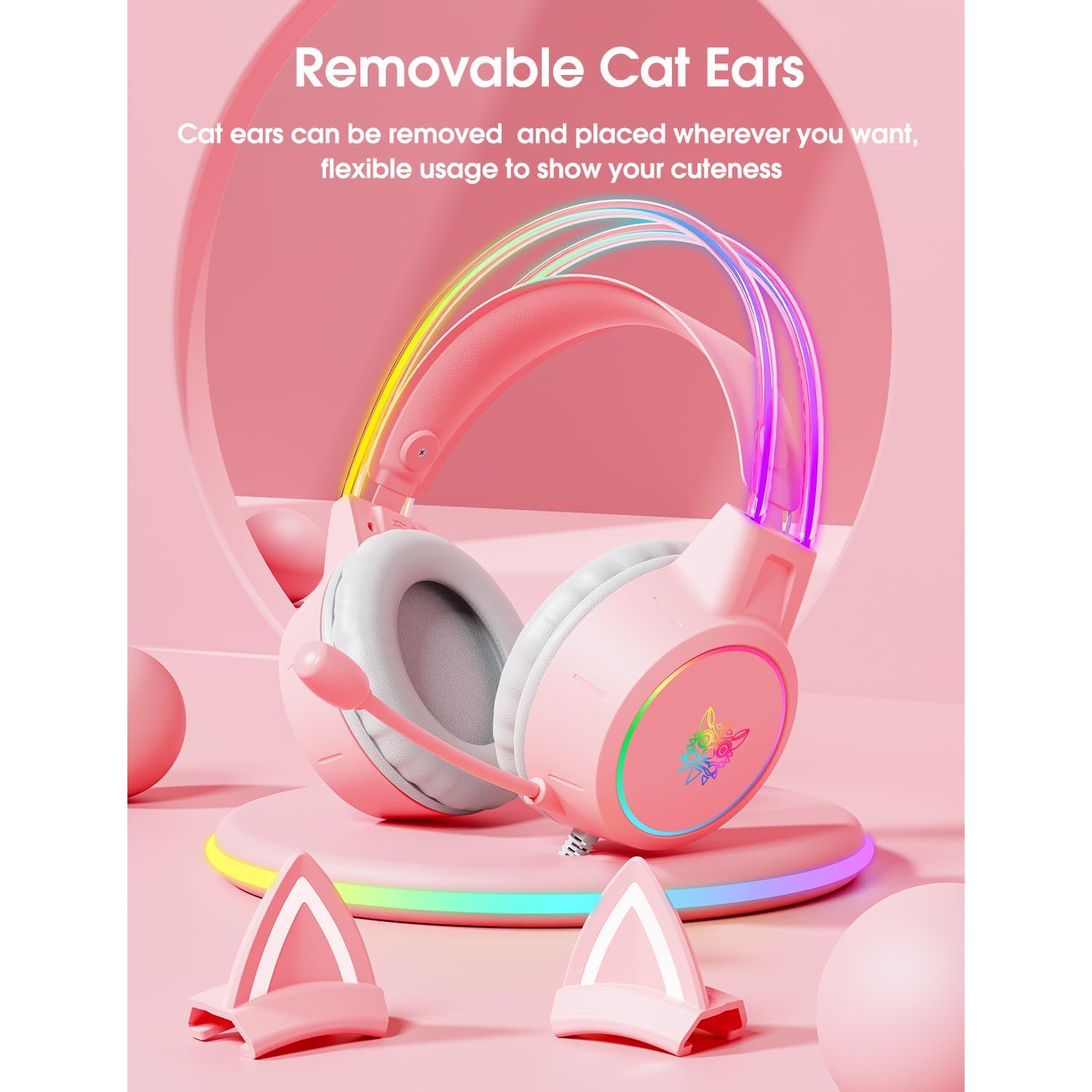 Casque de jeu rose léger avec oreilles Cat amovibles, lumières RVB, son ambiophonique et microphone à suppression du bruit – compatible avec PC,