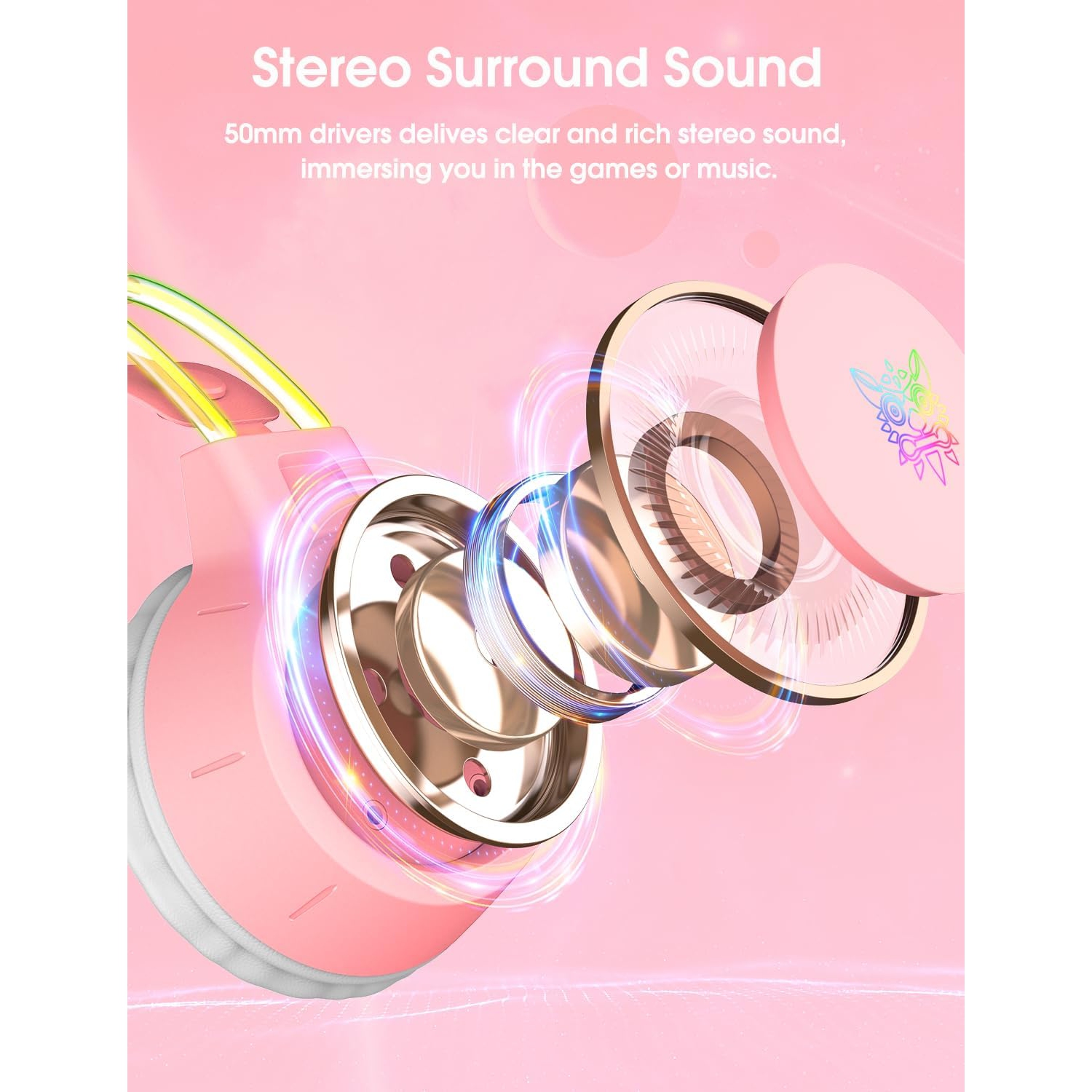 Casque de jeu rose léger avec oreilles Cat amovibles, lumières RVB, son ambiophonique et microphone à suppression du bruit – compatible avec PC,