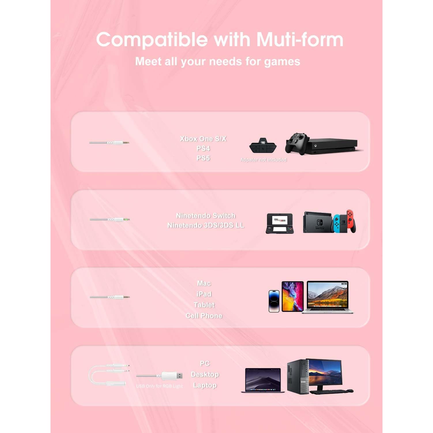 Casque de jeu rose léger avec oreilles Cat amovibles, lumières RVB, son ambiophonique et microphone à suppression du bruit – compatible avec PC,