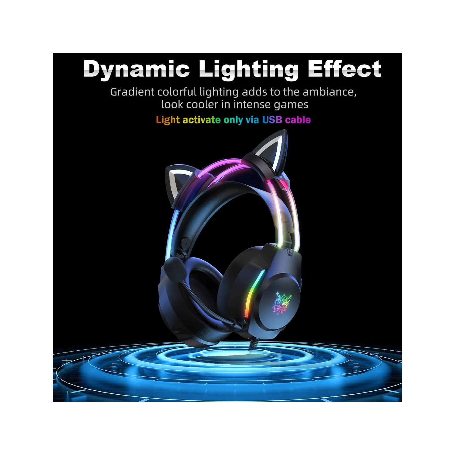 Casque de jeu avec oreilles Cat Ears, lumières DEL RVB et microphone, son ambiophonique stéréo, casque d'écoute à suppression du bruit, ajustable