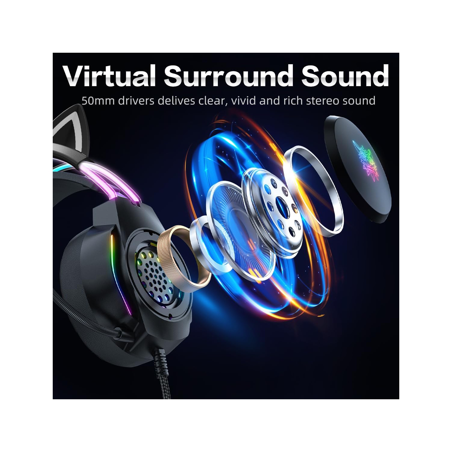 Casque de jeu avec oreilles Cat Ears, lumières DEL RVB et microphone, son ambiophonique stéréo, casque d'écoute à suppression du bruit, ajustable