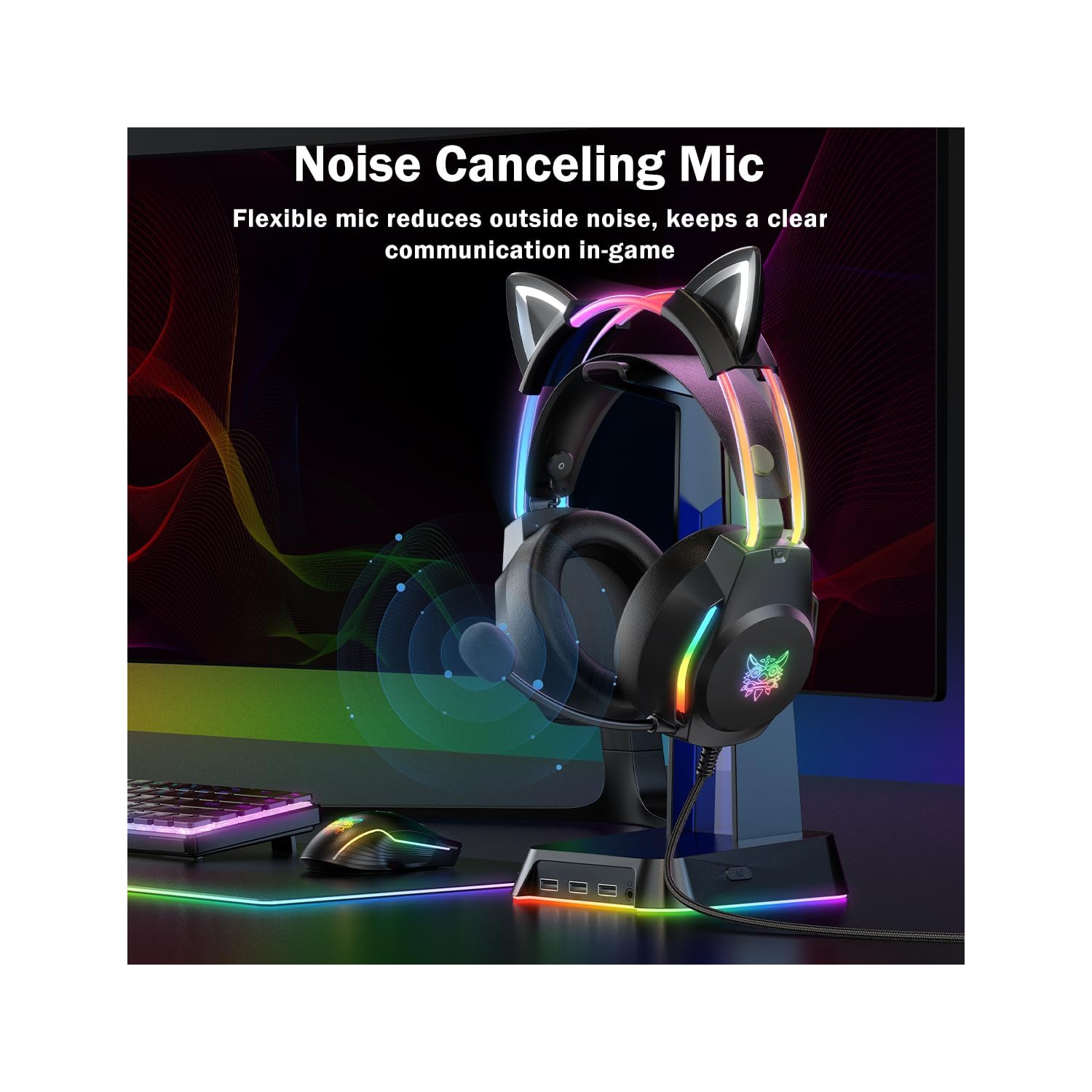 Casque de jeu avec oreilles Cat Ears, lumières DEL RVB et microphone, son ambiophonique stéréo, casque d'écoute à suppression du bruit, ajustable