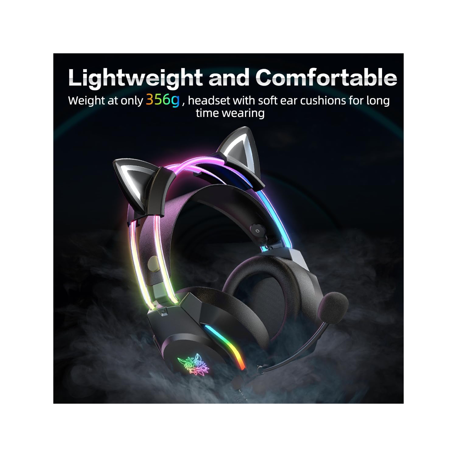 Casque de jeu avec oreilles Cat Ears, lumières DEL RVB et microphone, son ambiophonique stéréo, casque d'écoute à suppression du bruit, ajustable