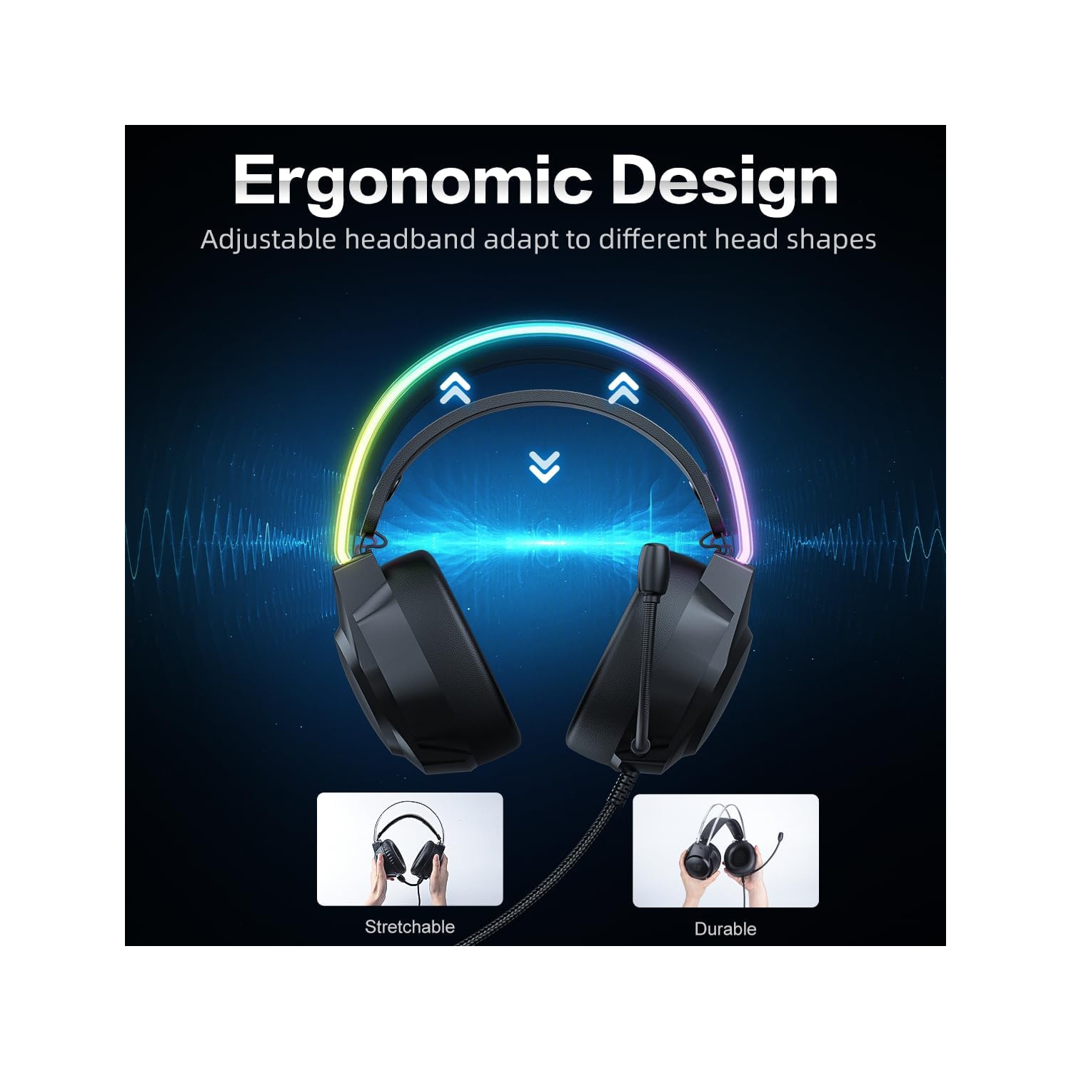 Casque de jeu avec oreilles Cat Ears, lumières DEL RVB et microphone, son ambiophonique stéréo, casque d'écoute à suppression du bruit, ajustable