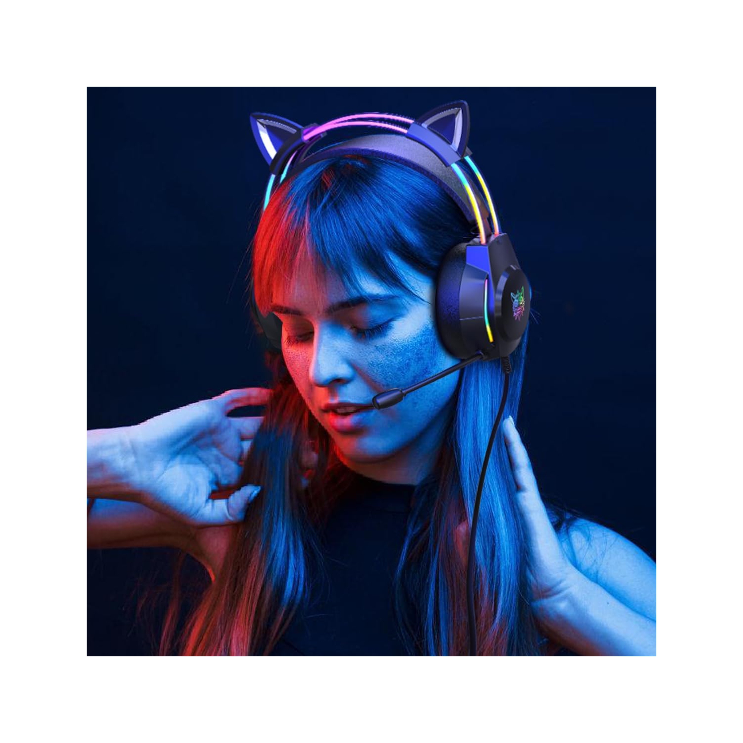 Casque de jeu avec oreilles Cat Ears, lumières DEL RVB et microphone, son ambiophonique stéréo, casque d'écoute à suppression du bruit, ajustable