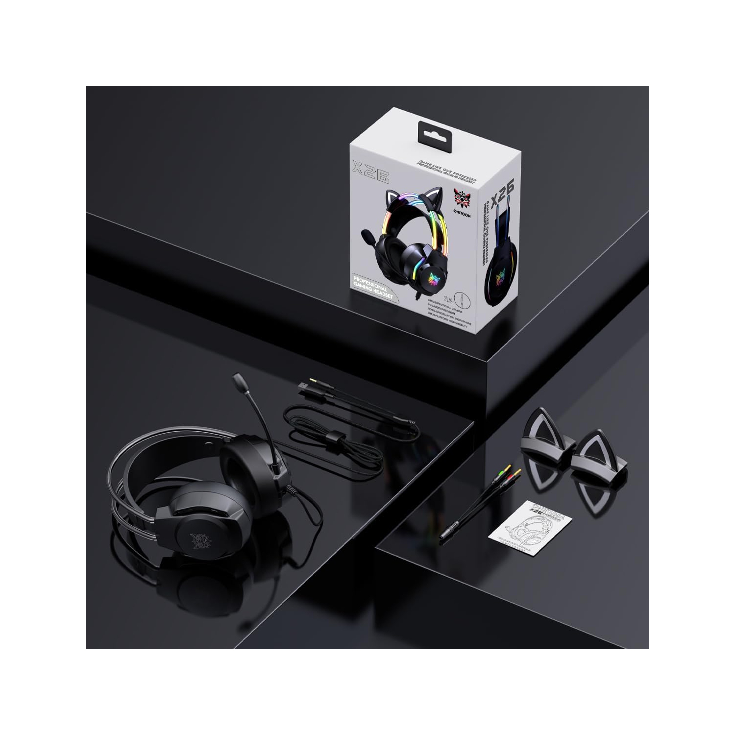 Casque de jeu avec oreilles Cat Ears, lumières DEL RVB et microphone, son ambiophonique stéréo, casque d'écoute à suppression du bruit, ajustable