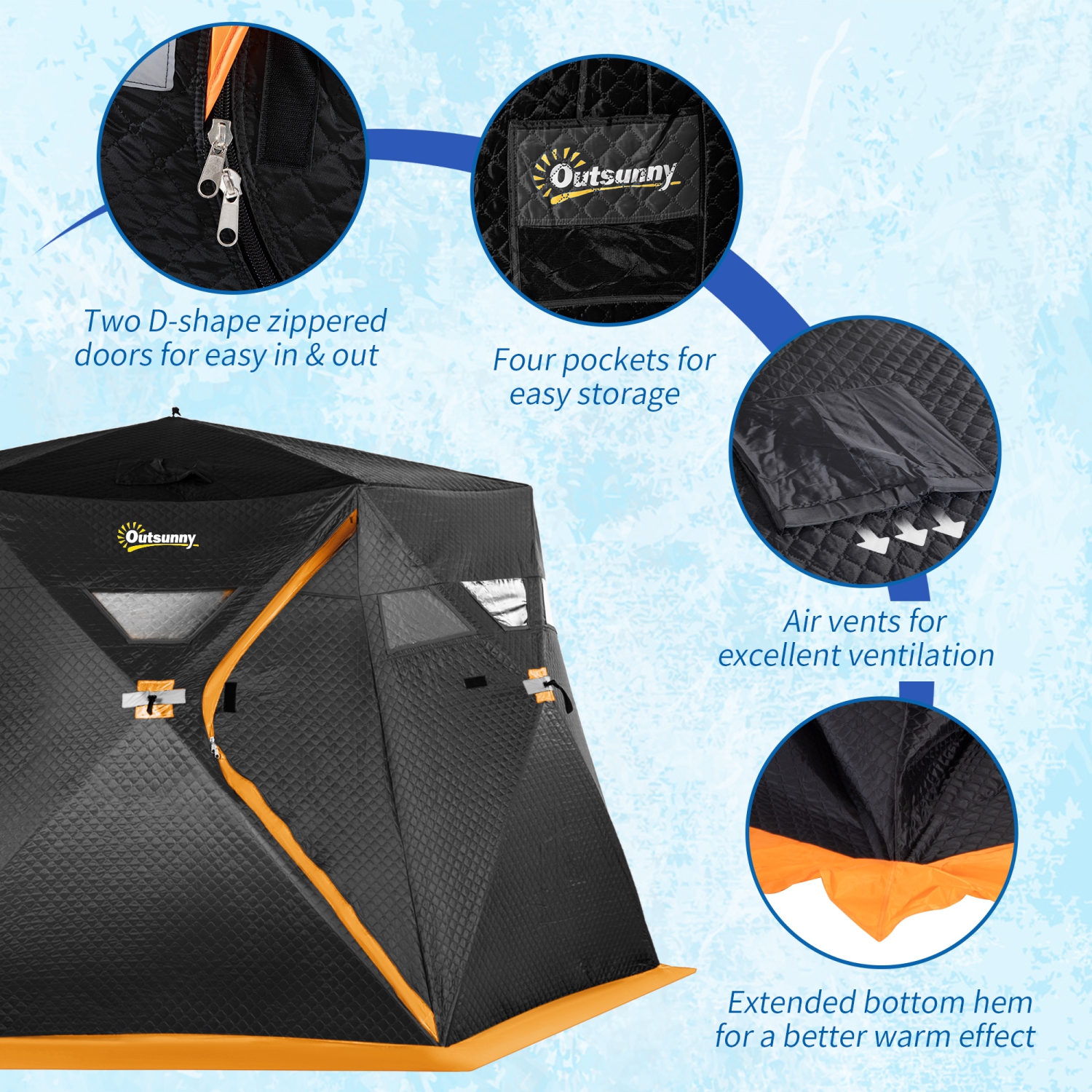 Outsunny 4 Person Insulated Ice Fishing Tent, Pop-Up Portable Ice Fishing Shelter with Carry Bag, Two Doors and Anchors for -22℉, Black