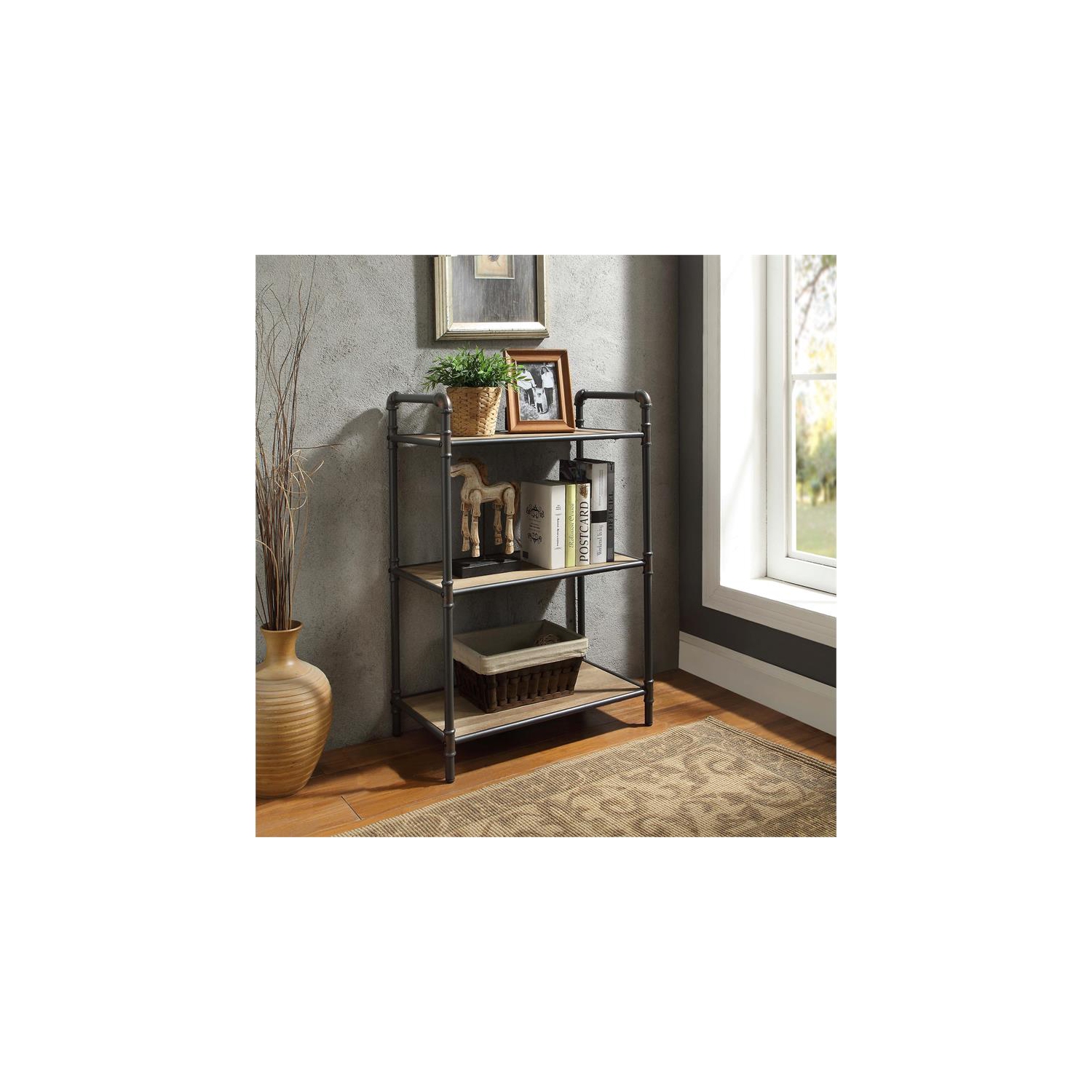 ACME Itzel 3 - Bibliothèque rectangulaire en bois, chêne antique et gris sable