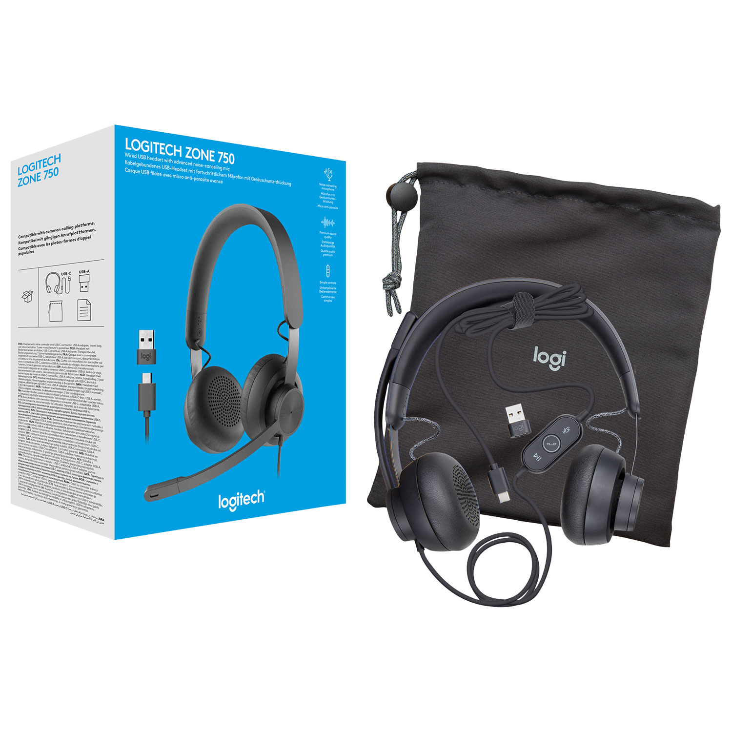 Logitech Zone 750 Wired Noise-Cancelling On-Ear Headset - Graphite