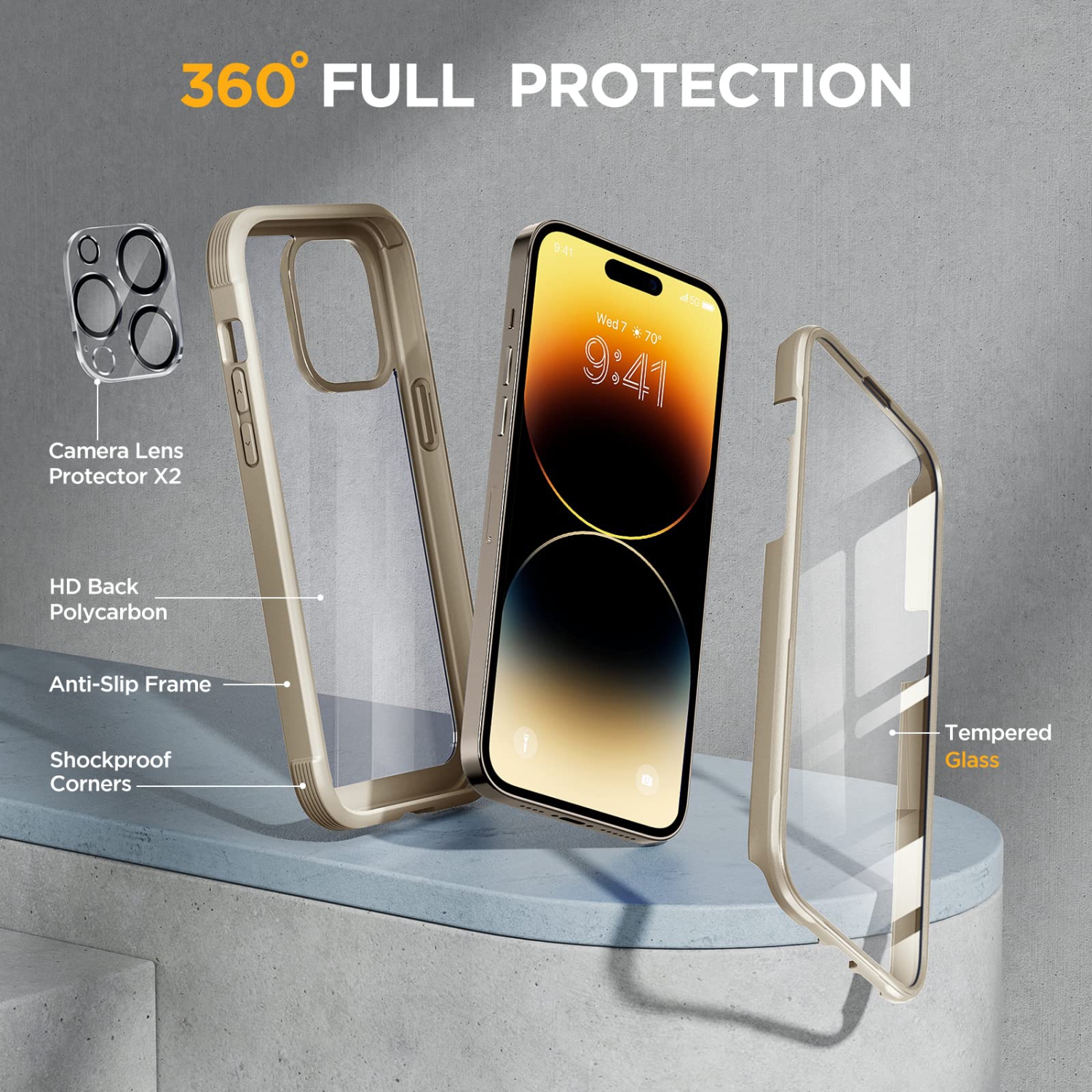 Glass Series Designed for iPhone 14 Pro Max Case 6.7 Inch, [2023 Upgrade] Full-Body Bumper Case with Built-in 9H Tempered Glass Screen Protector,