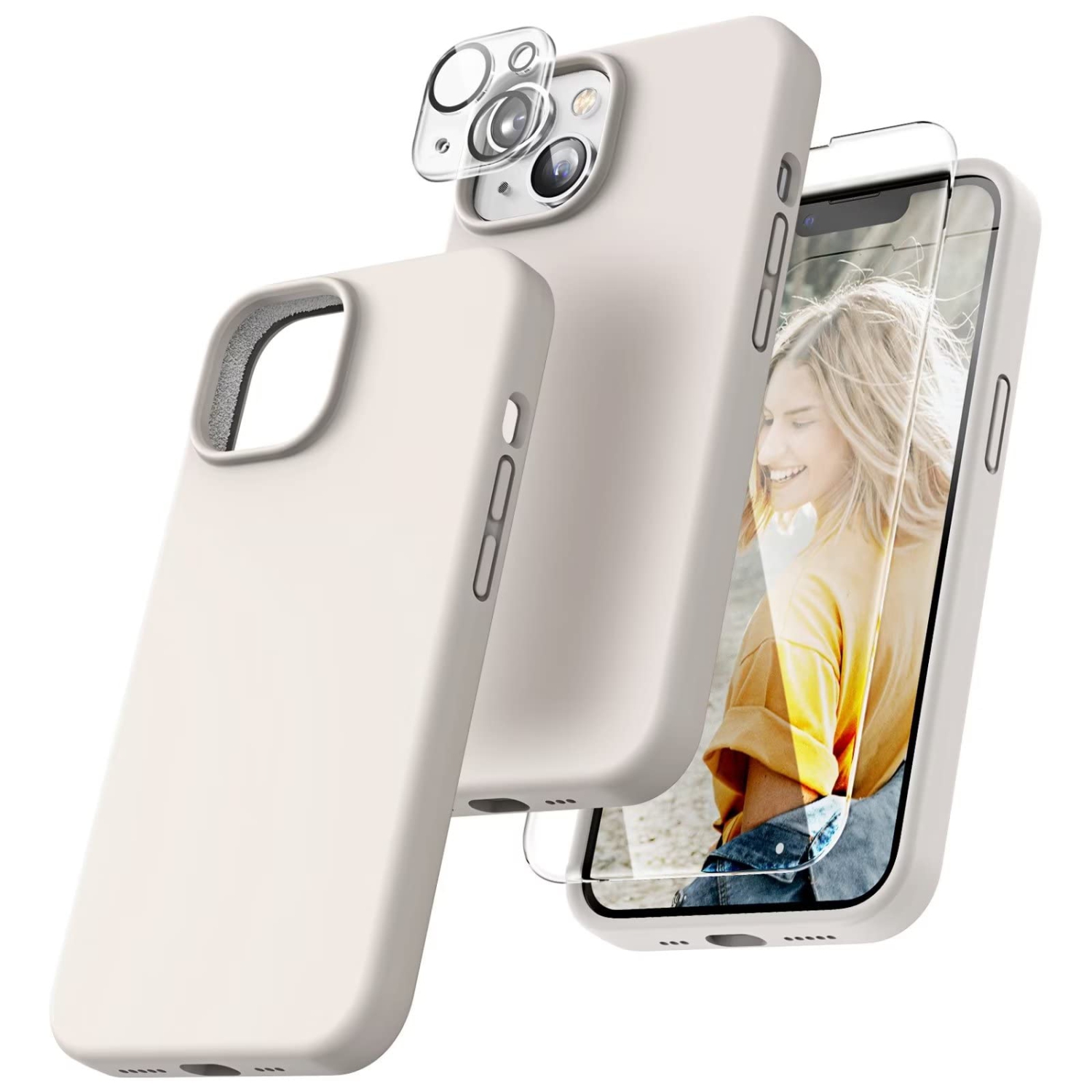 TOCOL 5 in 1 for iPhone 14 Case, with 2 Pack Screen Protector + 2 Pack Camera Lens Protector, Slim Liquid Silicone Phone C