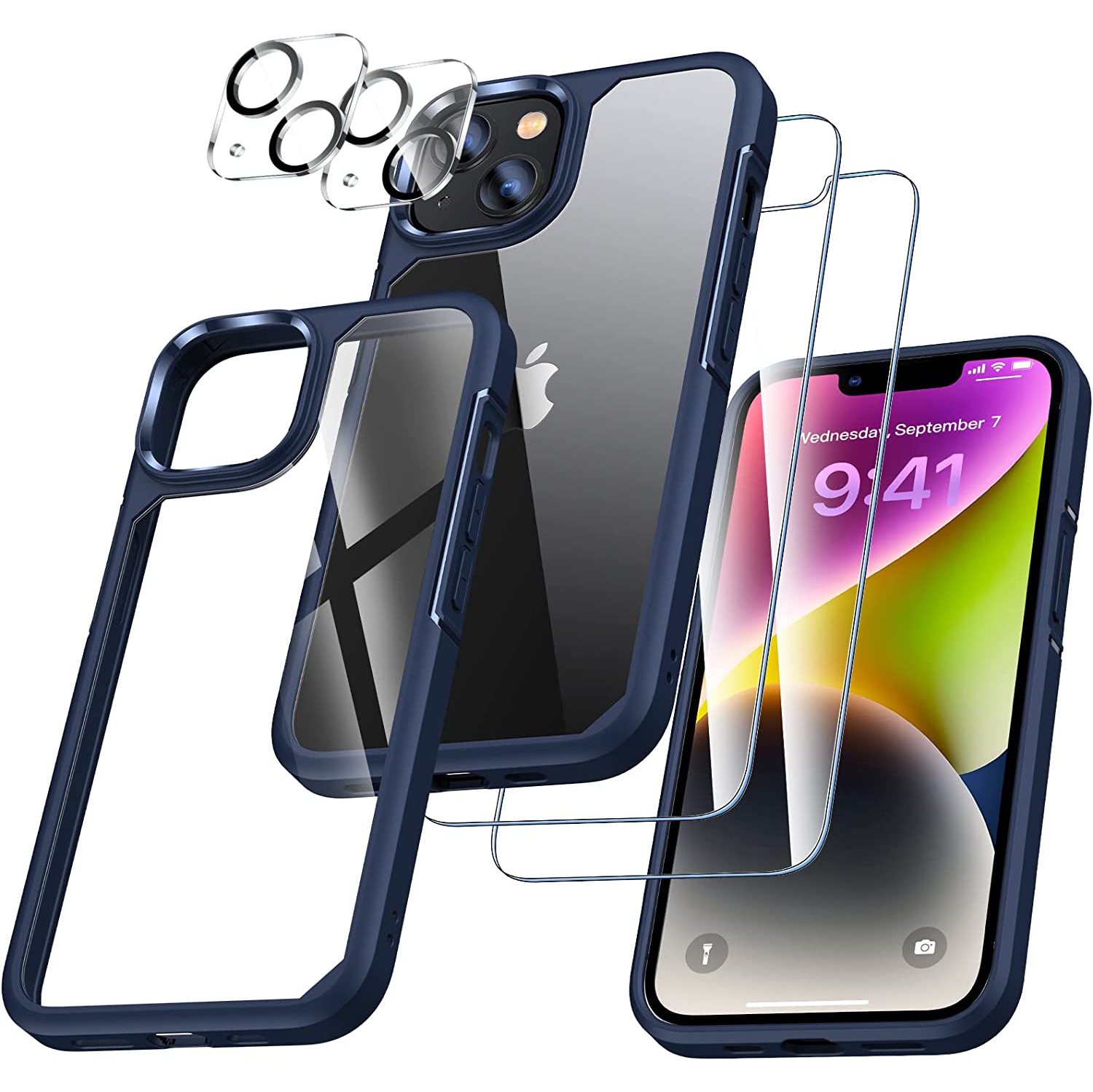 [5 in 1] Designed for iPhone 14 Case with 2 Pack Tempered Glass Screen Protector + 2 Pack Camera Lens Protector, [Military G