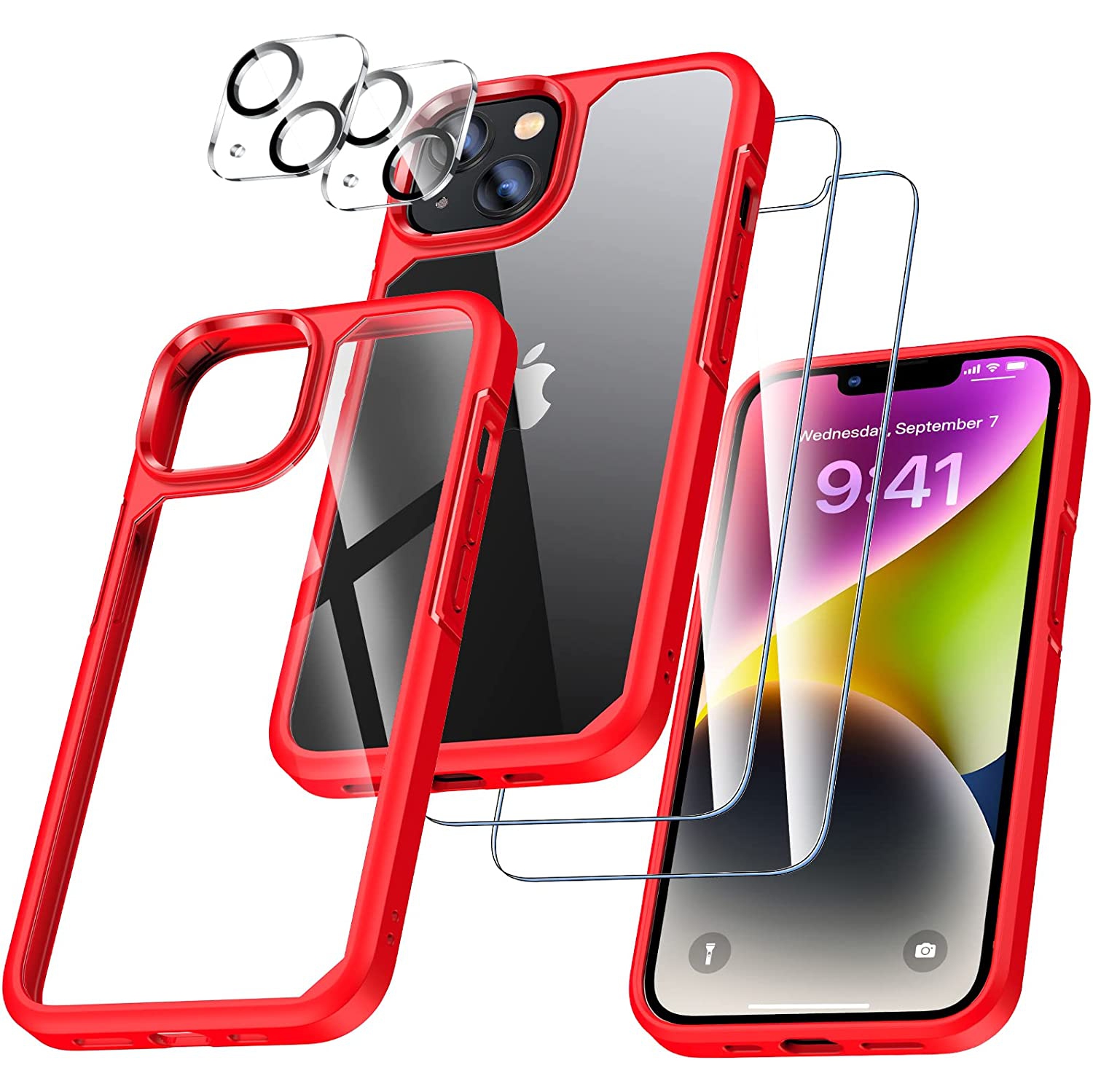 [5 in 1] Designed for iPhone 14 Case with 2 Pack Tempered Glass Screen Protector + 2 Pack Camera Lens Protector, [Military G
