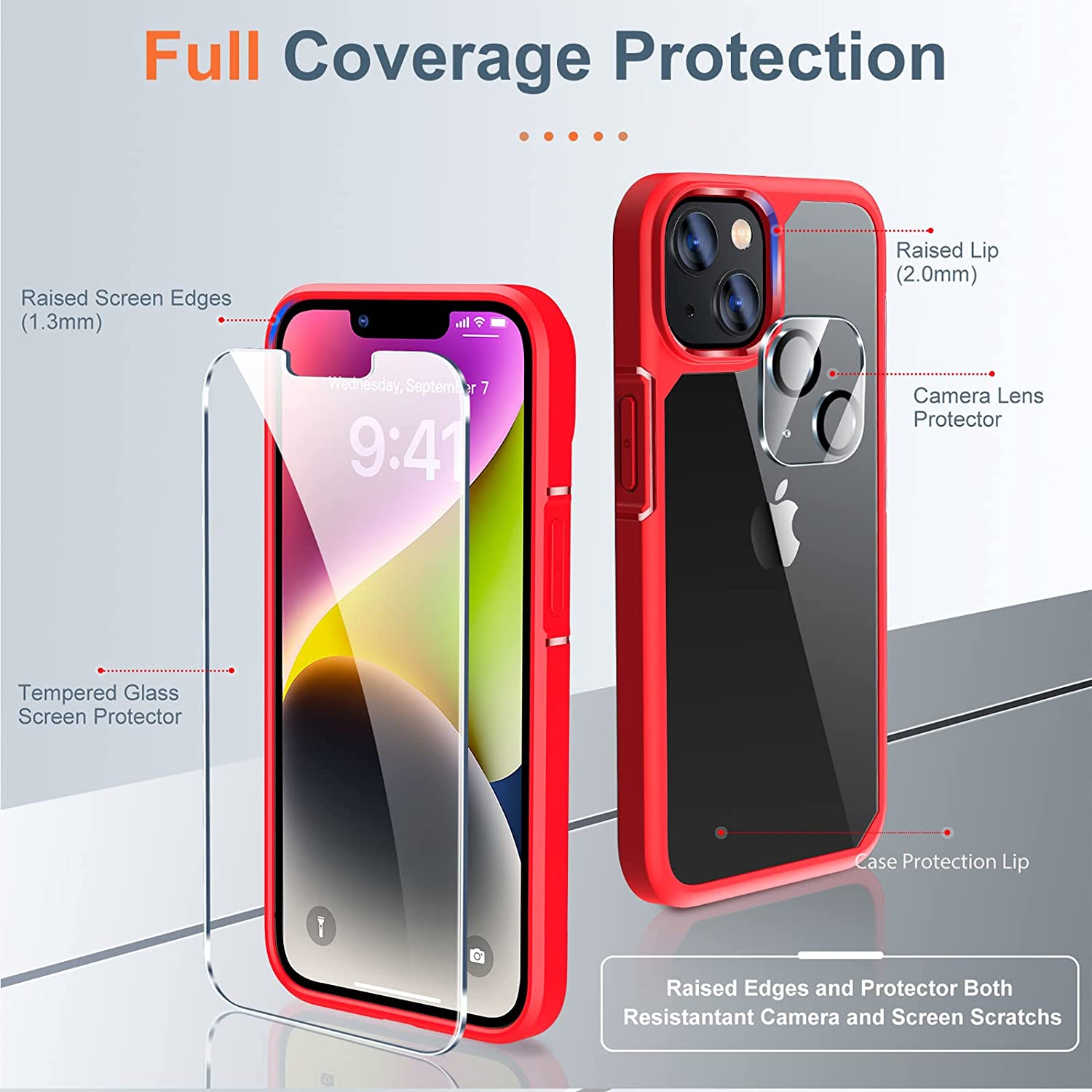 [5 in 1] Designed for iPhone 14 Case with 2 Pack Tempered Glass Screen Protector + 2 Pack Camera Lens Protector, [Military G