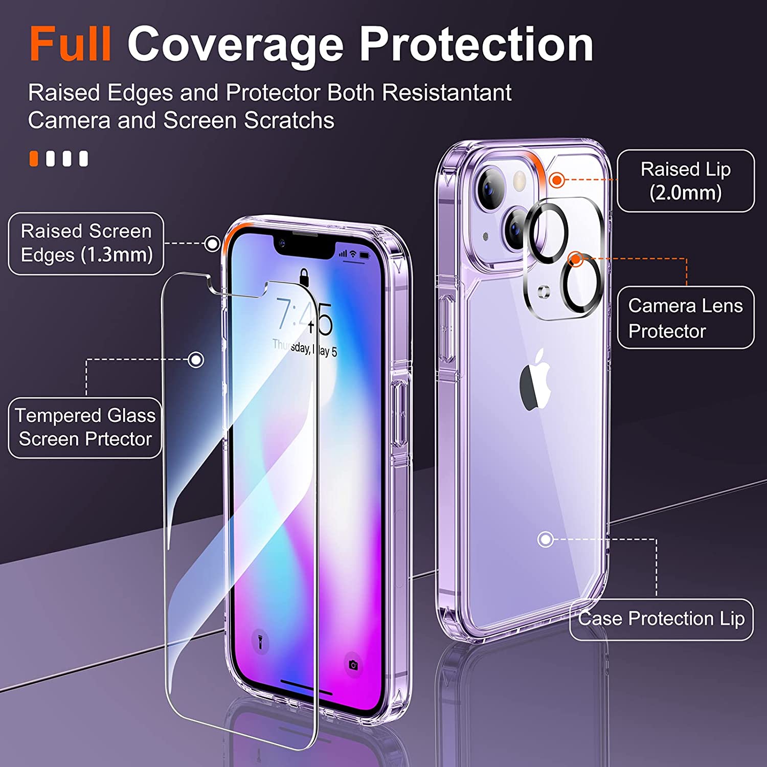 [5 in 1] Designed for iPhone 14 Case with 2 Pack Tempered Glass Screen Protector + 2 Pack Camera Lens Protector, [Military G