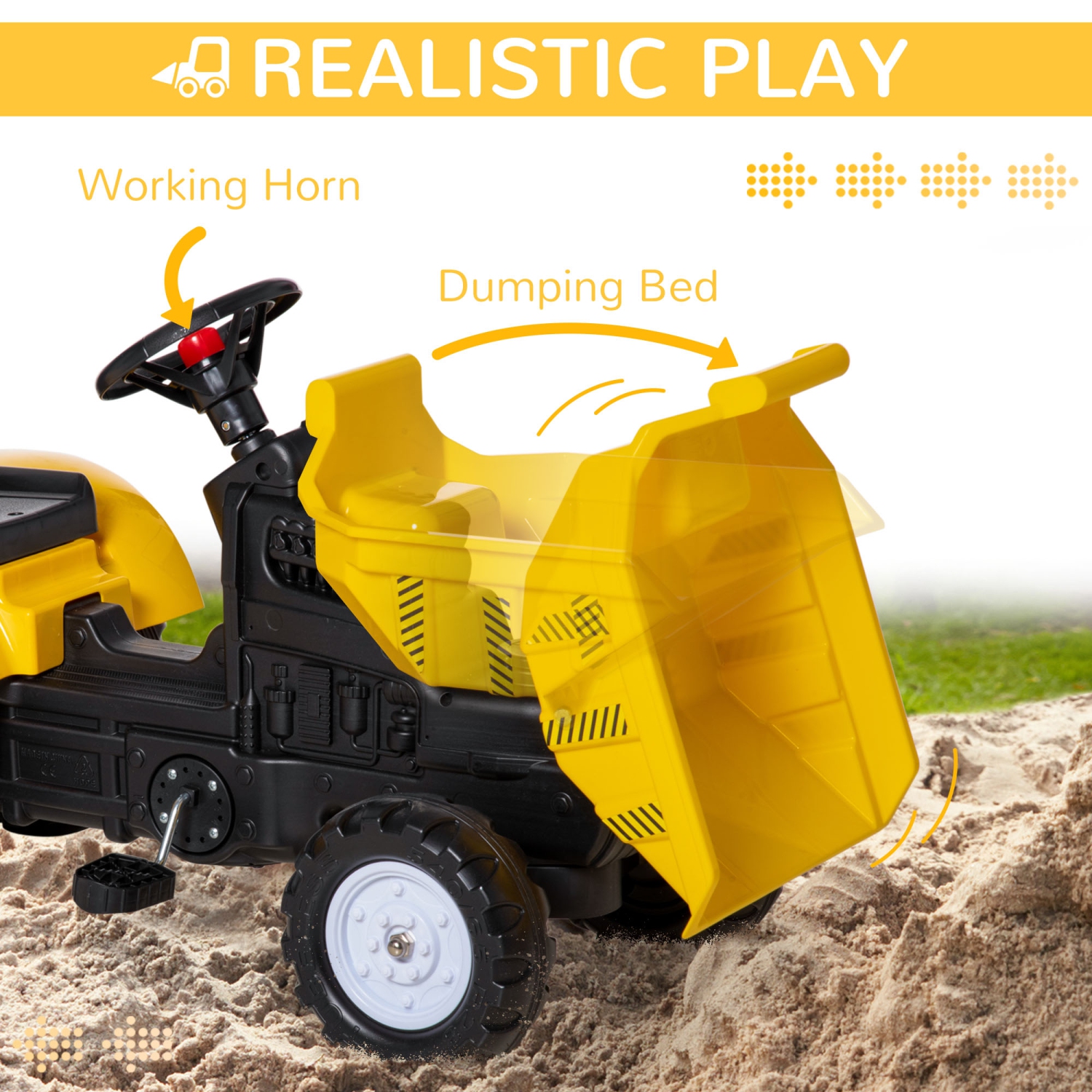 Aosom Ride On Dump Truck, Pedal Front Loader Tractor Toy with Detachable Trailer, Shovel, Rake, Horn, Pretend Play Ride on Construction Car for Kids