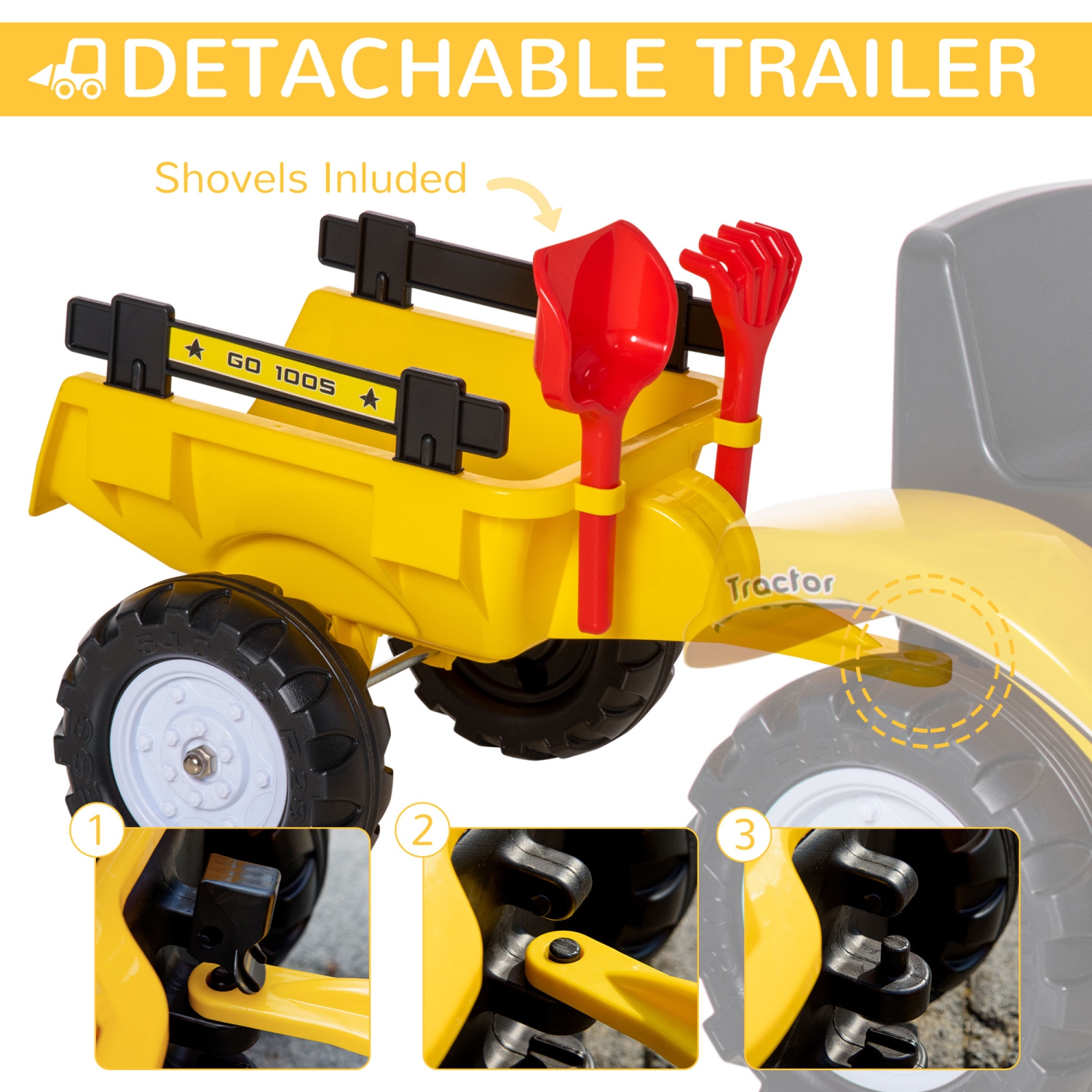 Aosom Ride On Dump Truck, Pedal Front Loader Tractor Toy with Detachable Trailer, Shovel, Rake, Horn, Pretend Play Ride on Construction Car for Kids