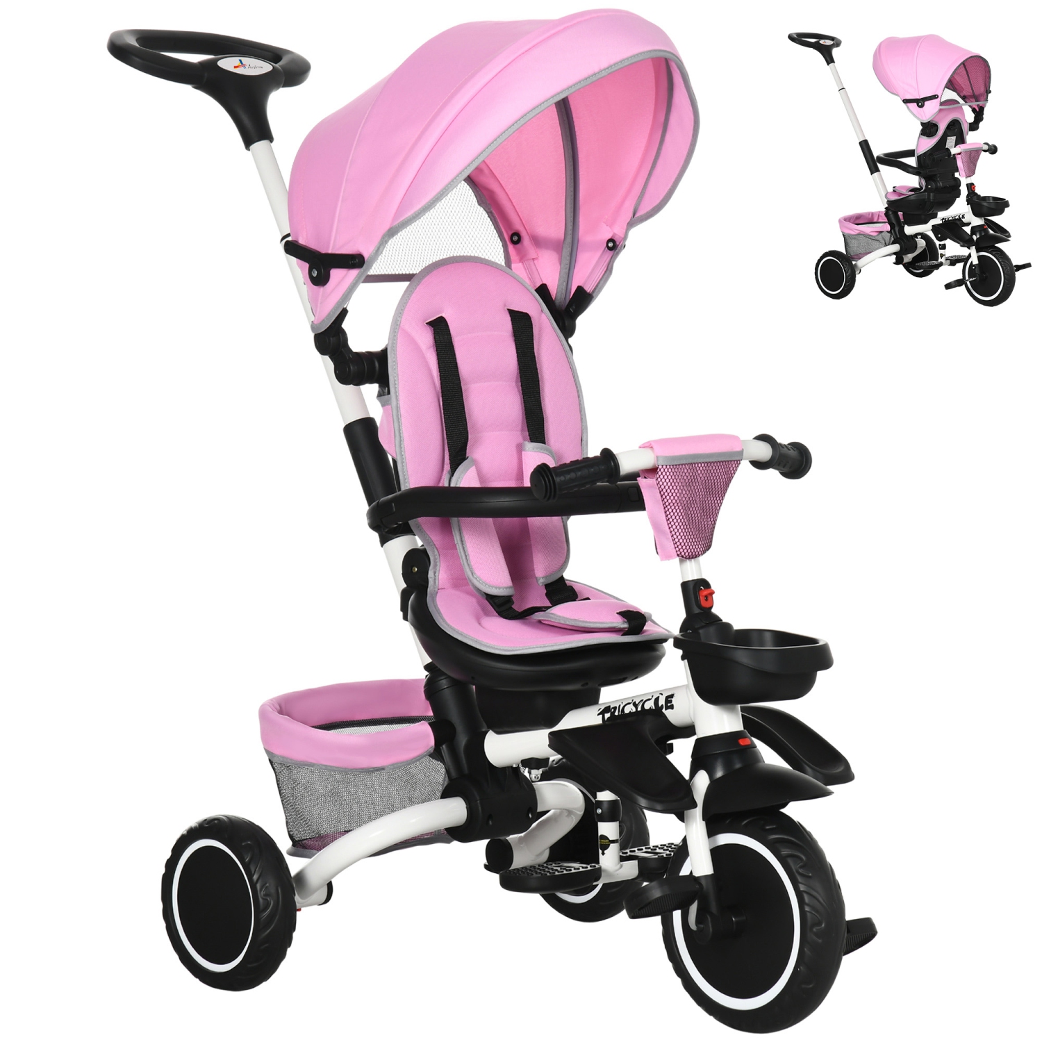 Tricycle pour enfant 6-en-1 Aosom pendant 12-50 mois, tricycle pliable pour enfants avec siège réglable et poignée-poussoir, harnais de sécurité,