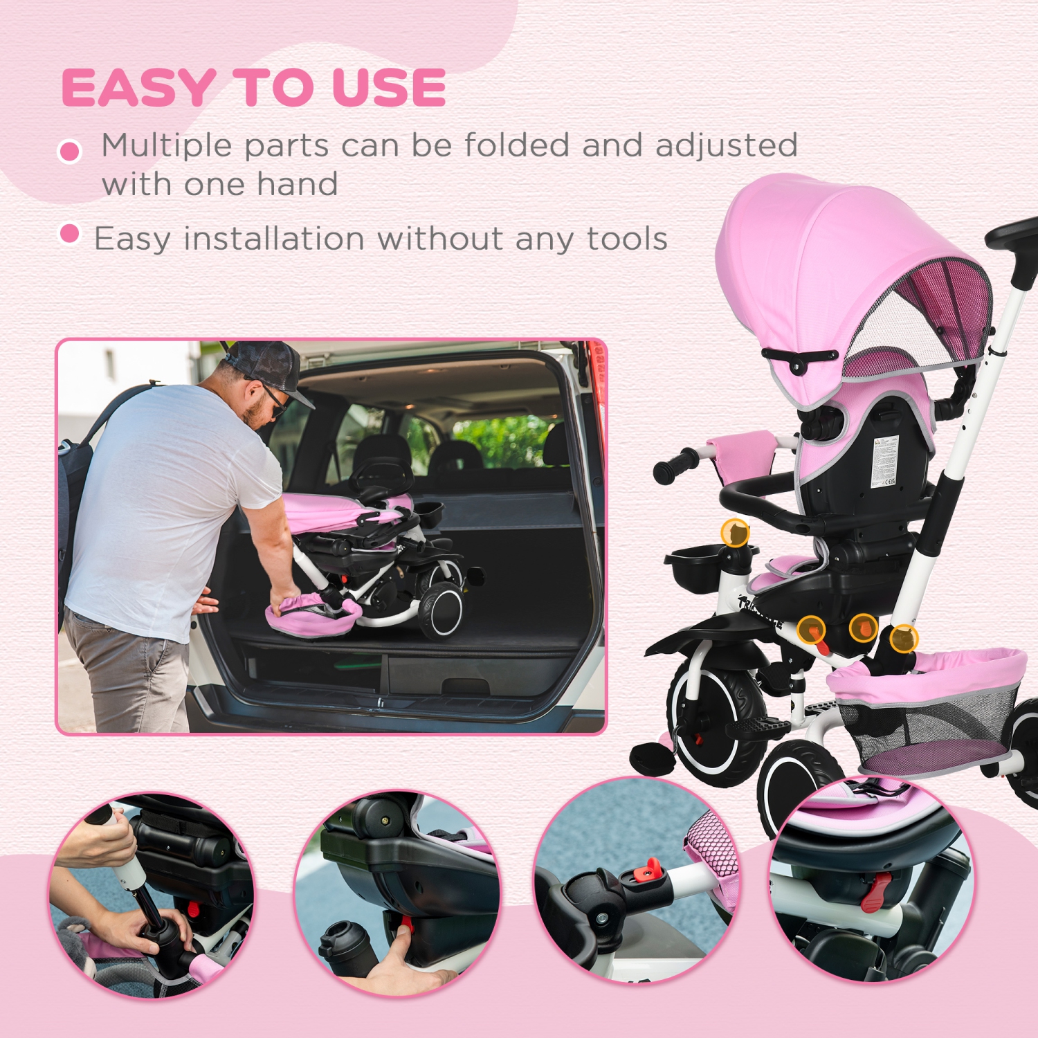 Tricycle pour enfant 6-en-1 Aosom pendant 12-50 mois, tricycle pliable pour enfants avec siège réglable et poignée-poussoir, harnais de sécurité,