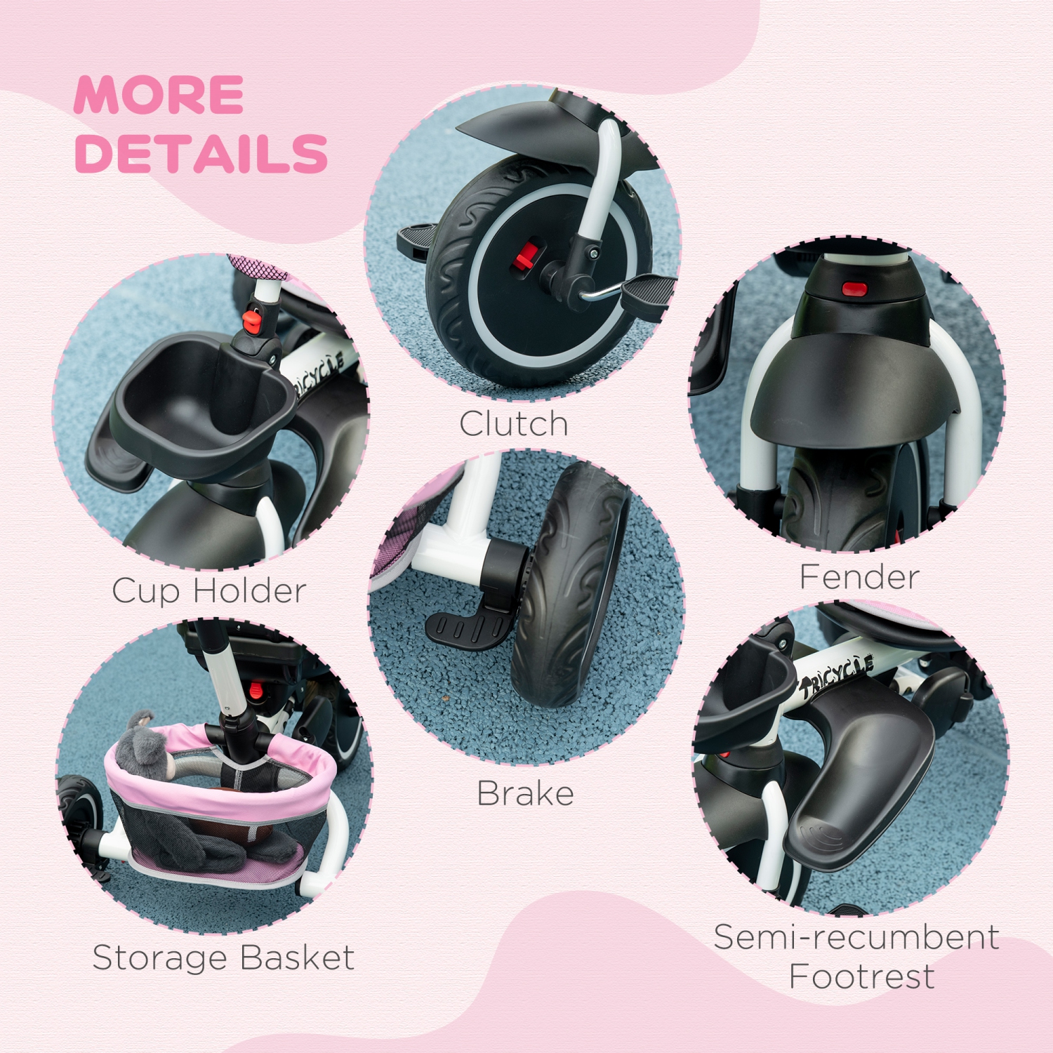 Tricycle pour enfant 6-en-1 Aosom pendant 12-50 mois, tricycle pliable pour enfants avec siège réglable et poignée-poussoir, harnais de sécurité,