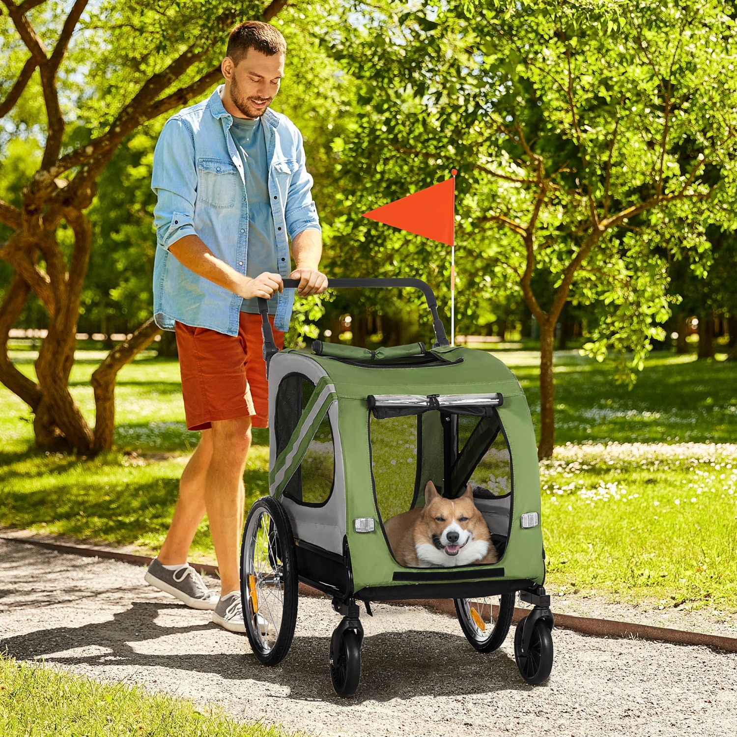 Aosom Dog Bike Trailer, 2-in-1 Dog Wagon Pet Stroller for Travel with Universal Wheel Reflectors Flag, for Small and Medium Dogs, Green