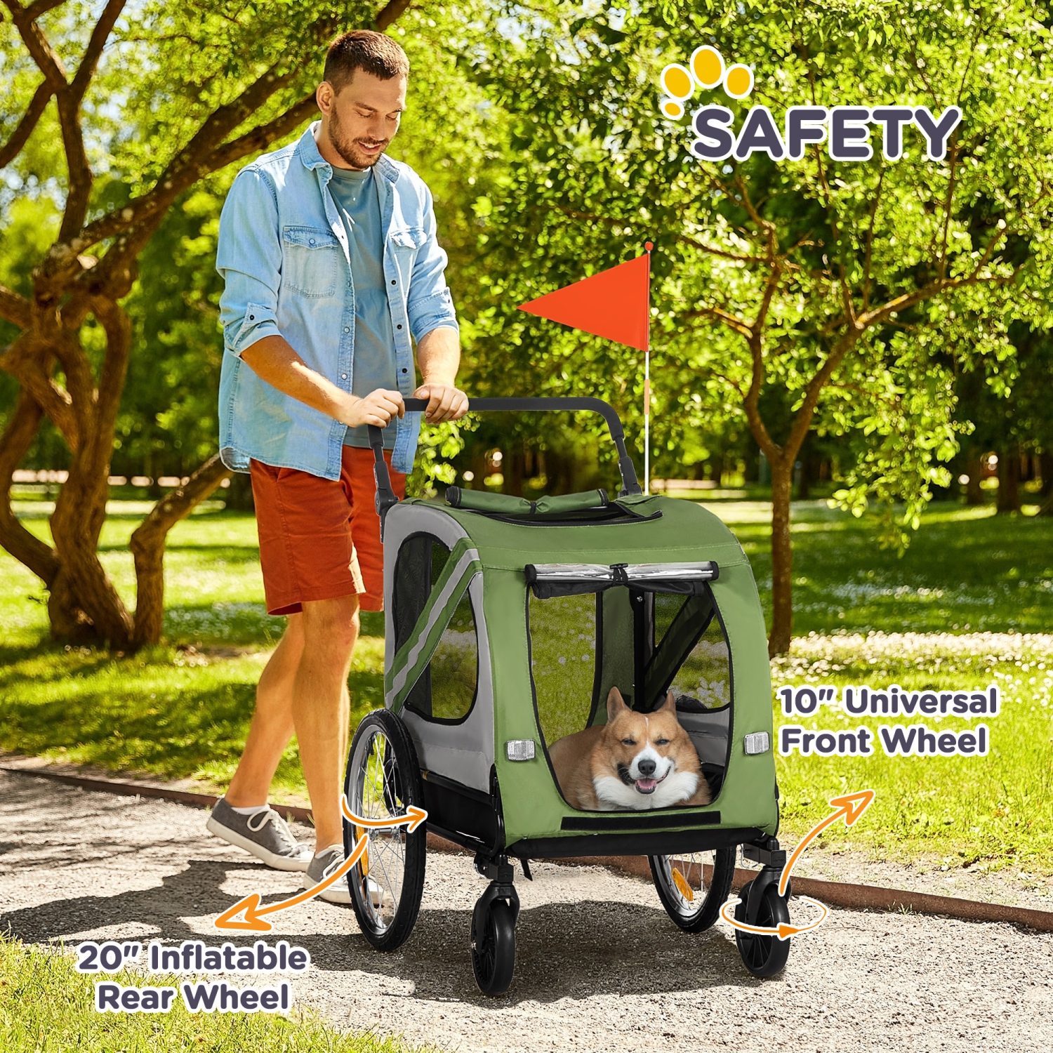 Aosom Dog Bike Trailer, 2-in-1 Dog Wagon Pet Stroller for Travel with Universal Wheel Reflectors Flag, for Small and Medium Dogs, Green
