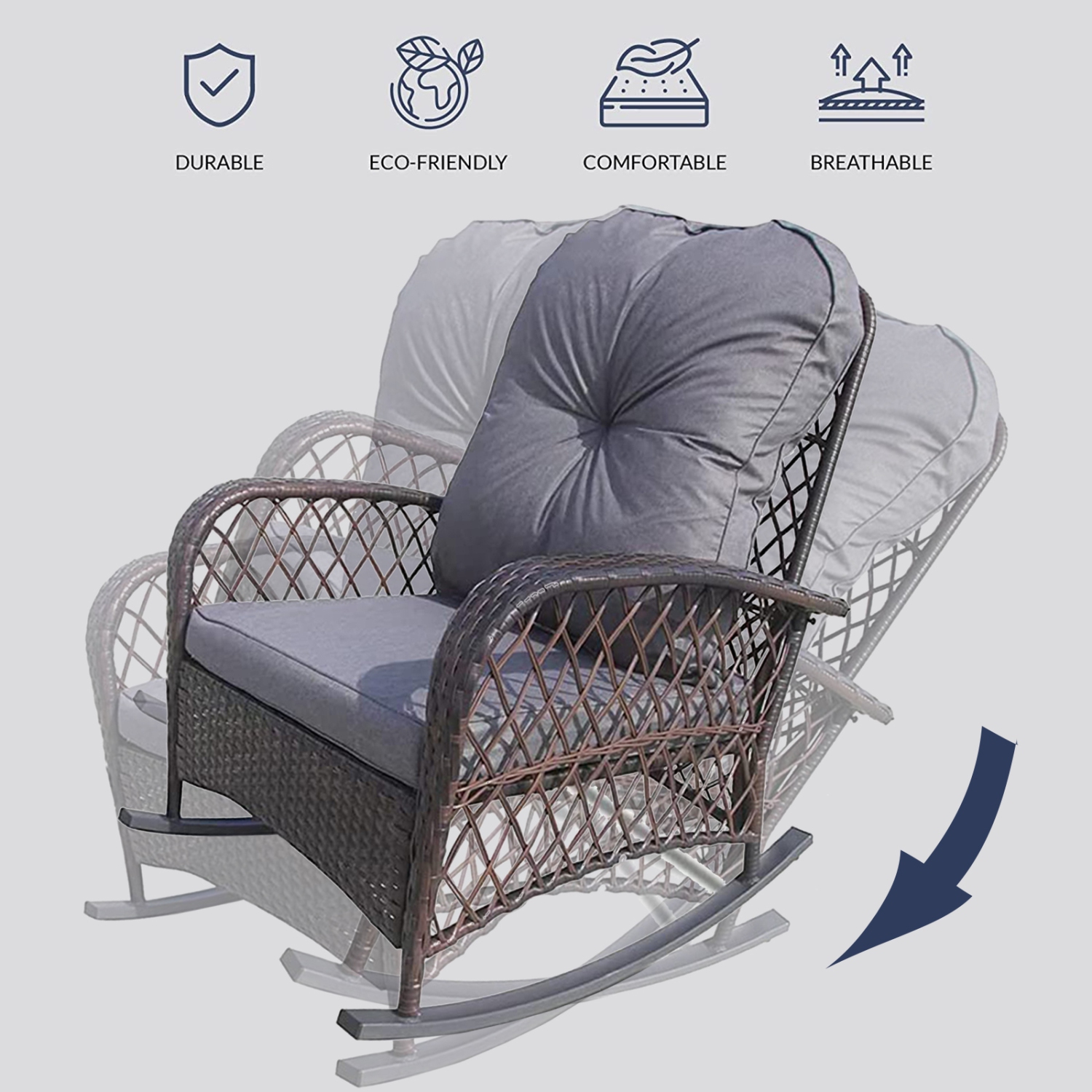 Chaise berçante de patio en rotin de meubles de jardin meubles de patio défaxer extérieur en osier avec coussin gris