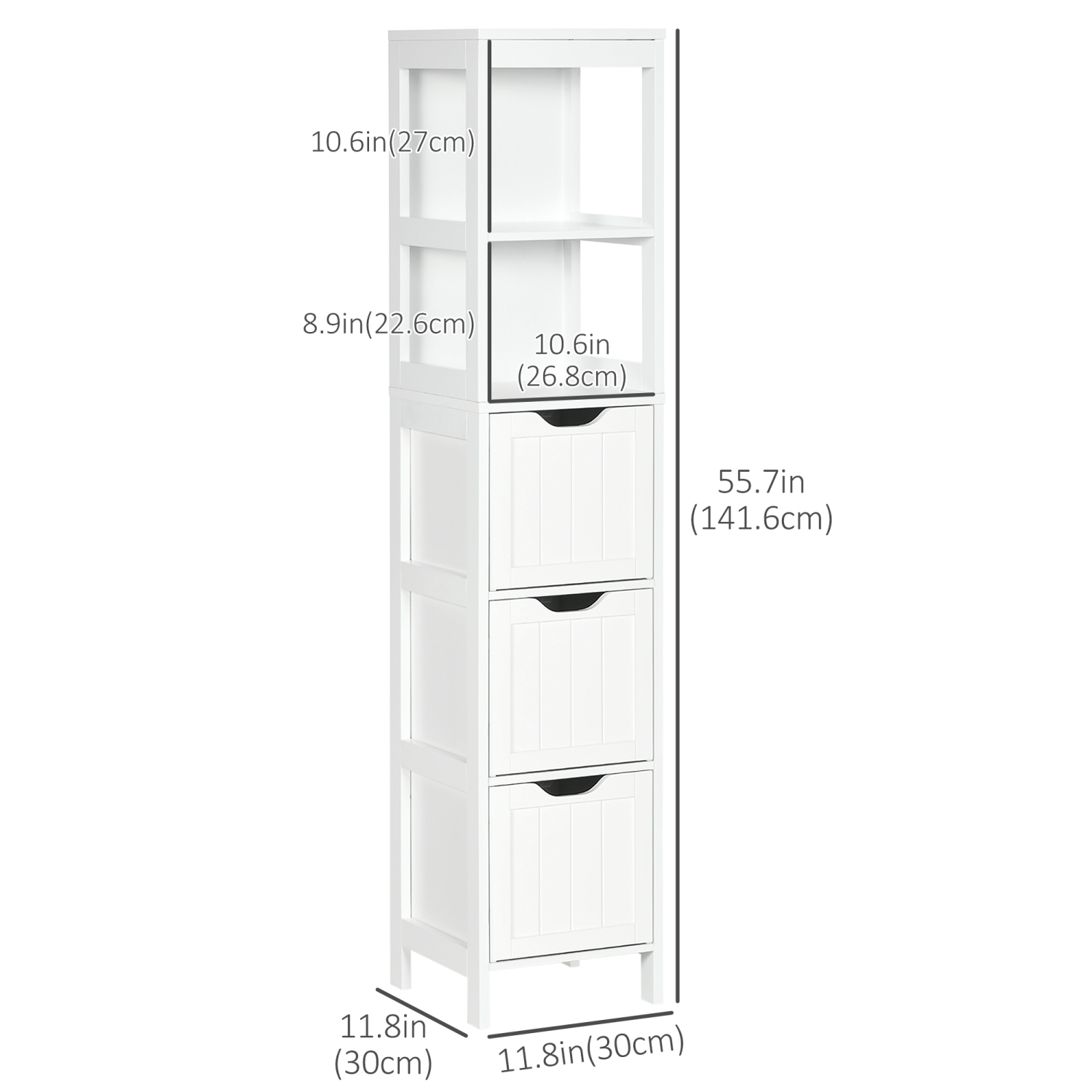 Armoire étroite pour salle de bain Kleankin avec 3 tiroirs et 2 tablettes, grande tour en lin autonome pour maquette, blanc