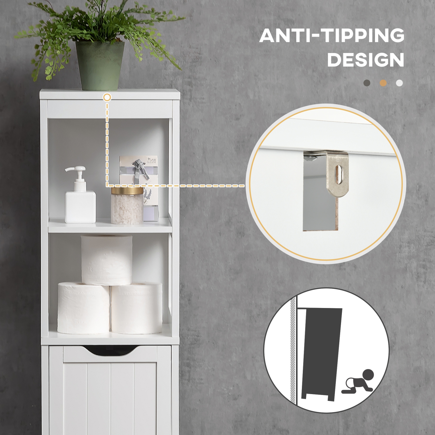 Armoire étroite pour salle de bain Kleankin avec 3 tiroirs et 2 tablettes, grande tour en lin autonome pour maquette, blanc