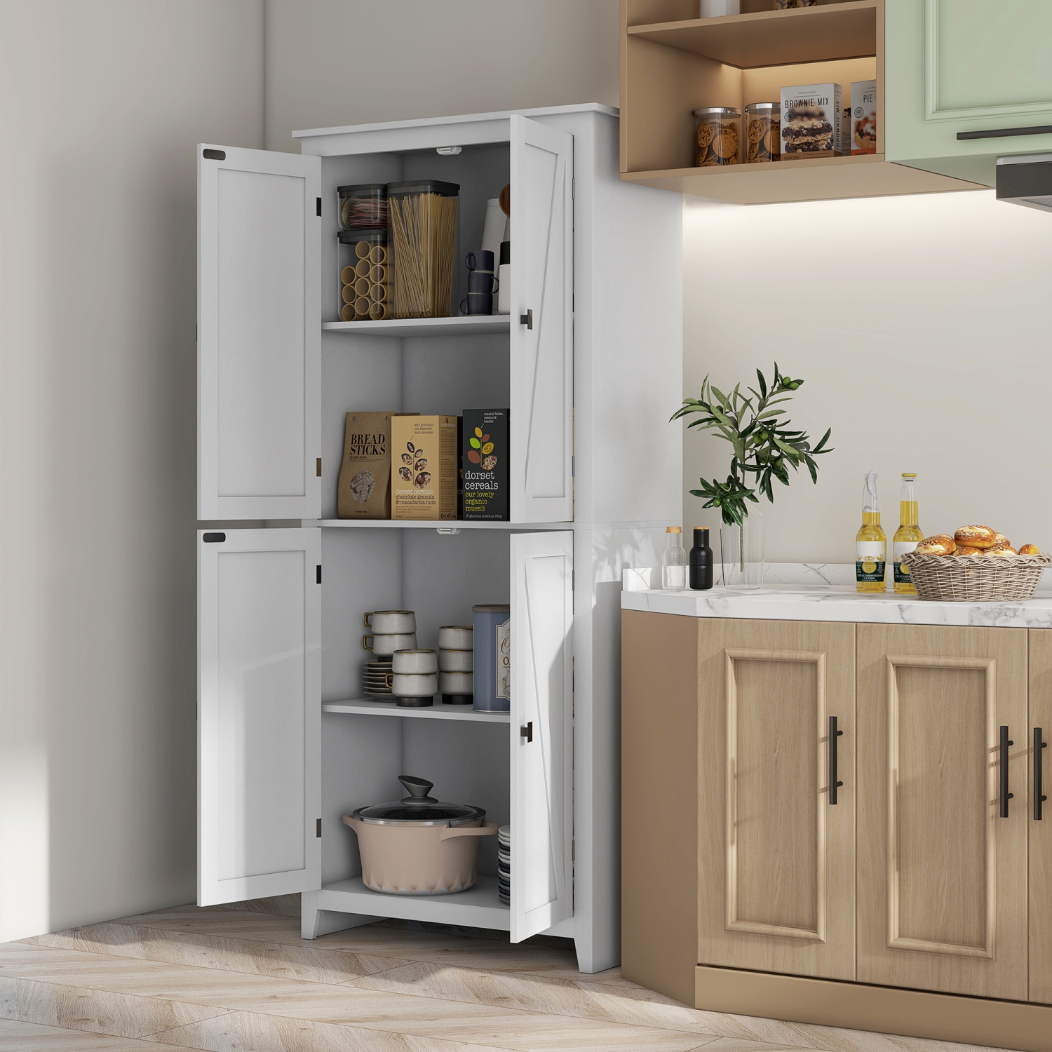 HOMCOM – Armoire garde-manger de cuisine Farmhouse de 72&nbsp;po, armoire de rangement avec 4 portes de grange et tablettes réglables, blanc