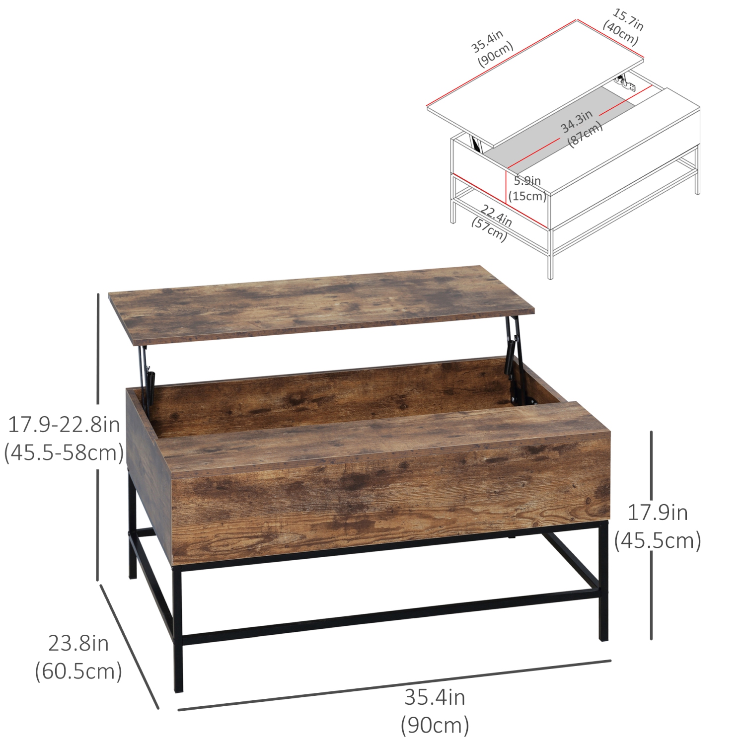 HOMCOM – Table basse à dessus relevable avec compartiment de rangement dissimulé, table centrale pour salon, brun rustique