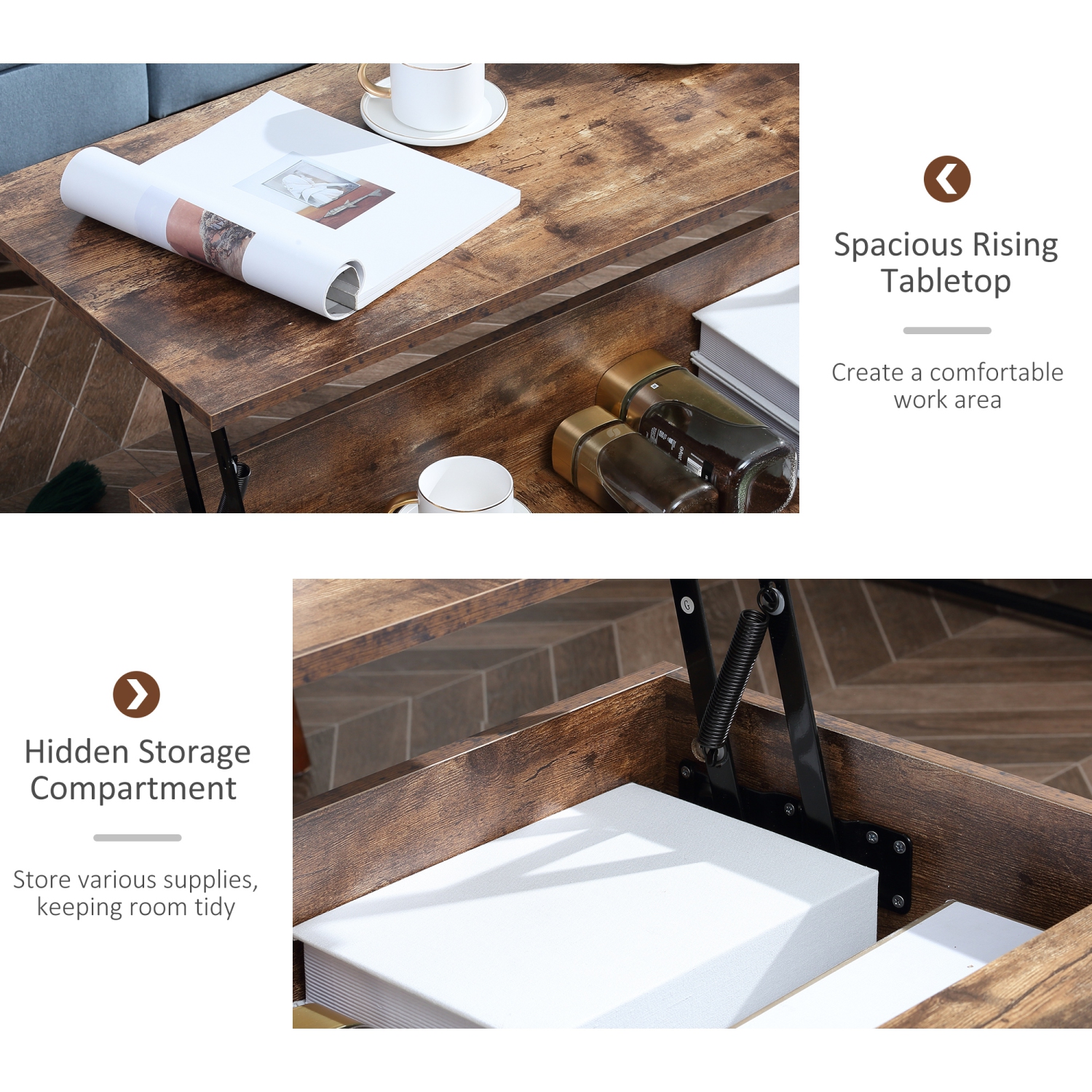 HOMCOM – Table basse à dessus relevable avec compartiment de rangement dissimulé, table centrale pour salon, brun rustique