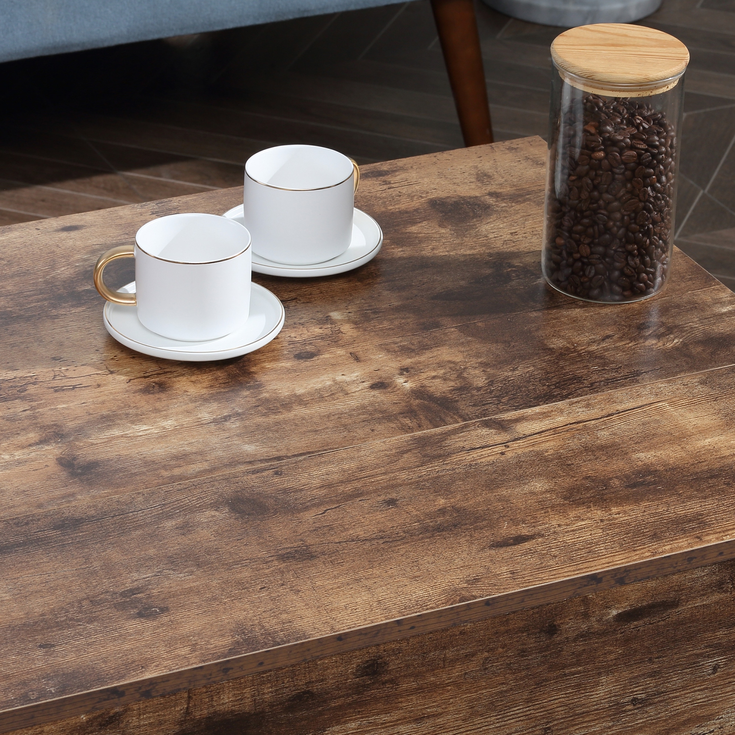 HOMCOM – Table basse à dessus relevable avec compartiment de rangement dissimulé, table centrale pour salon, brun rustique