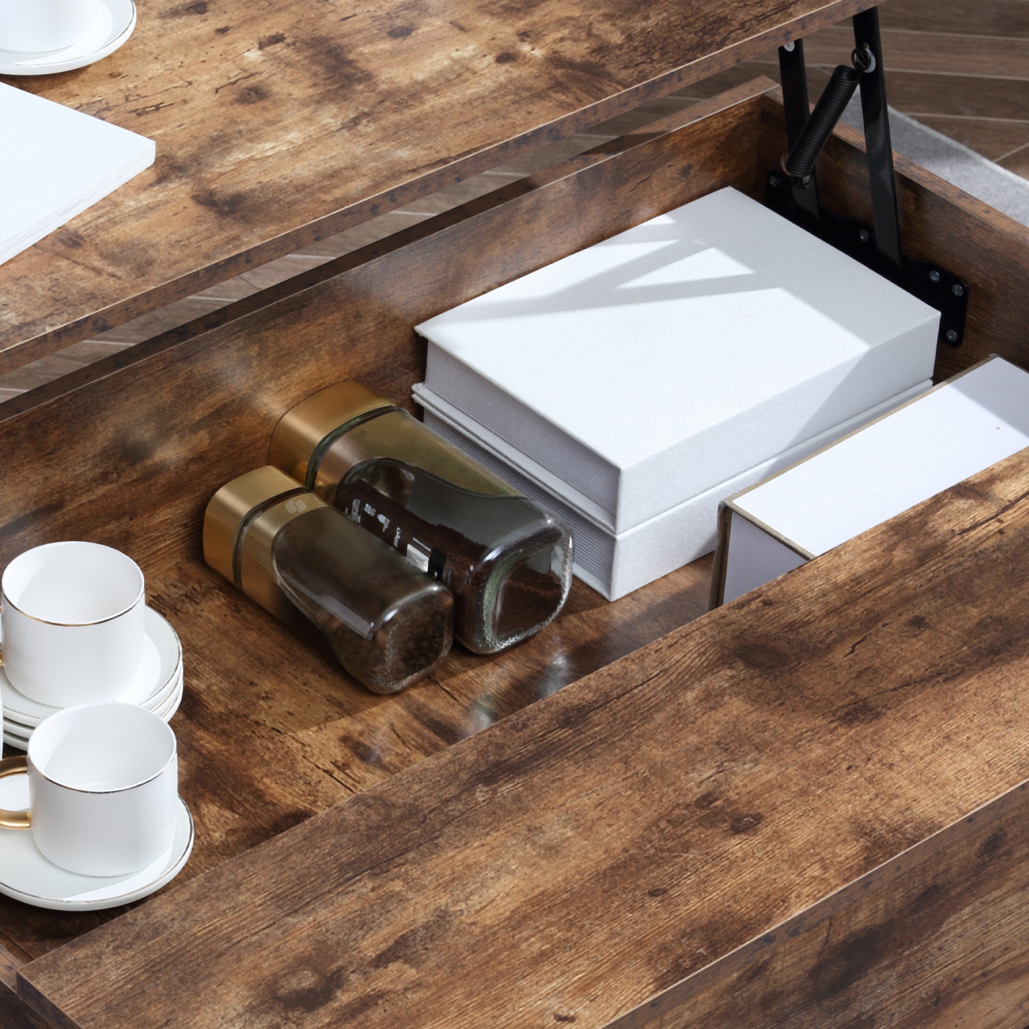 HOMCOM – Table basse à dessus relevable avec compartiment de rangement dissimulé, table centrale pour salon, brun rustique