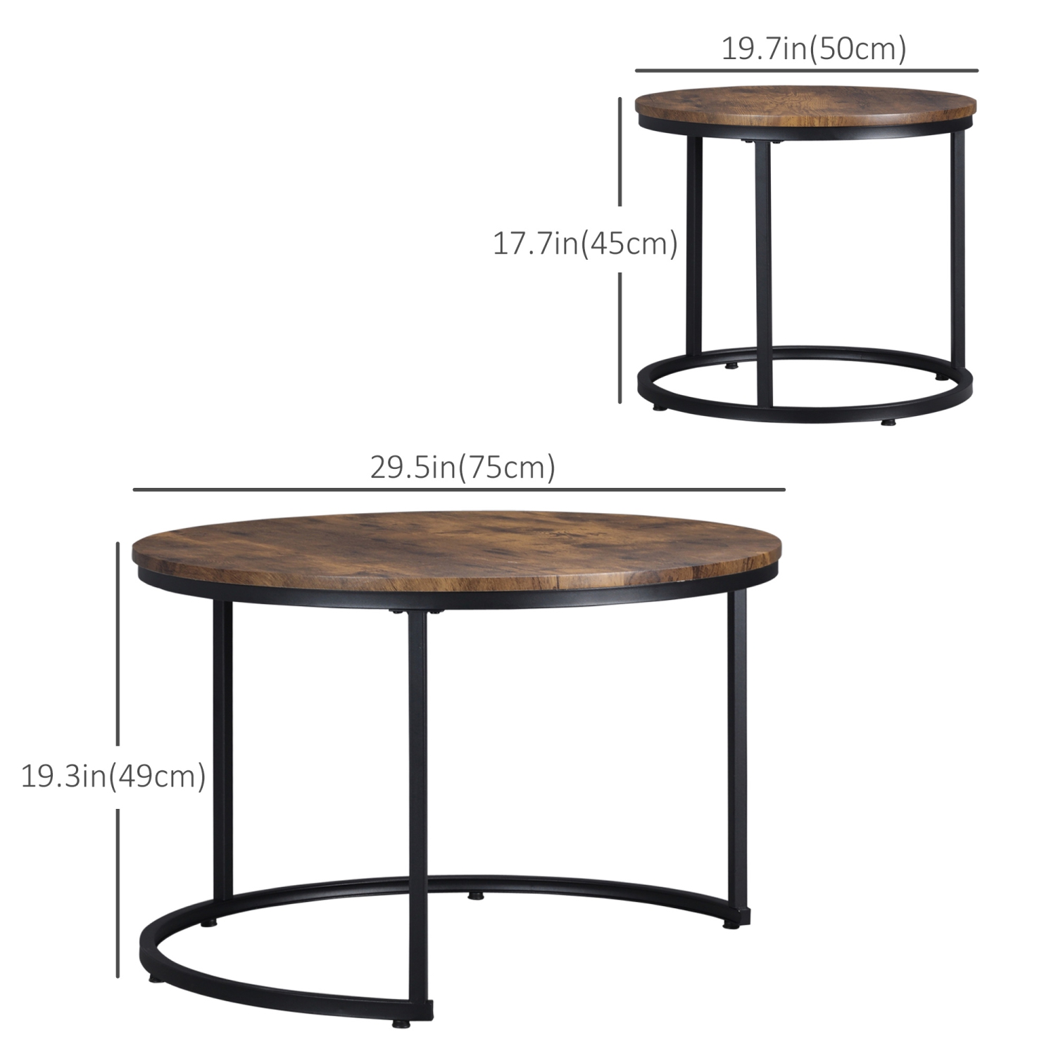 Tables gigognes HOMCOM, table basse ronde de 29 po, ensemble de 2, tables d'appoint modernes pour salon avec base en métal, brun rustique