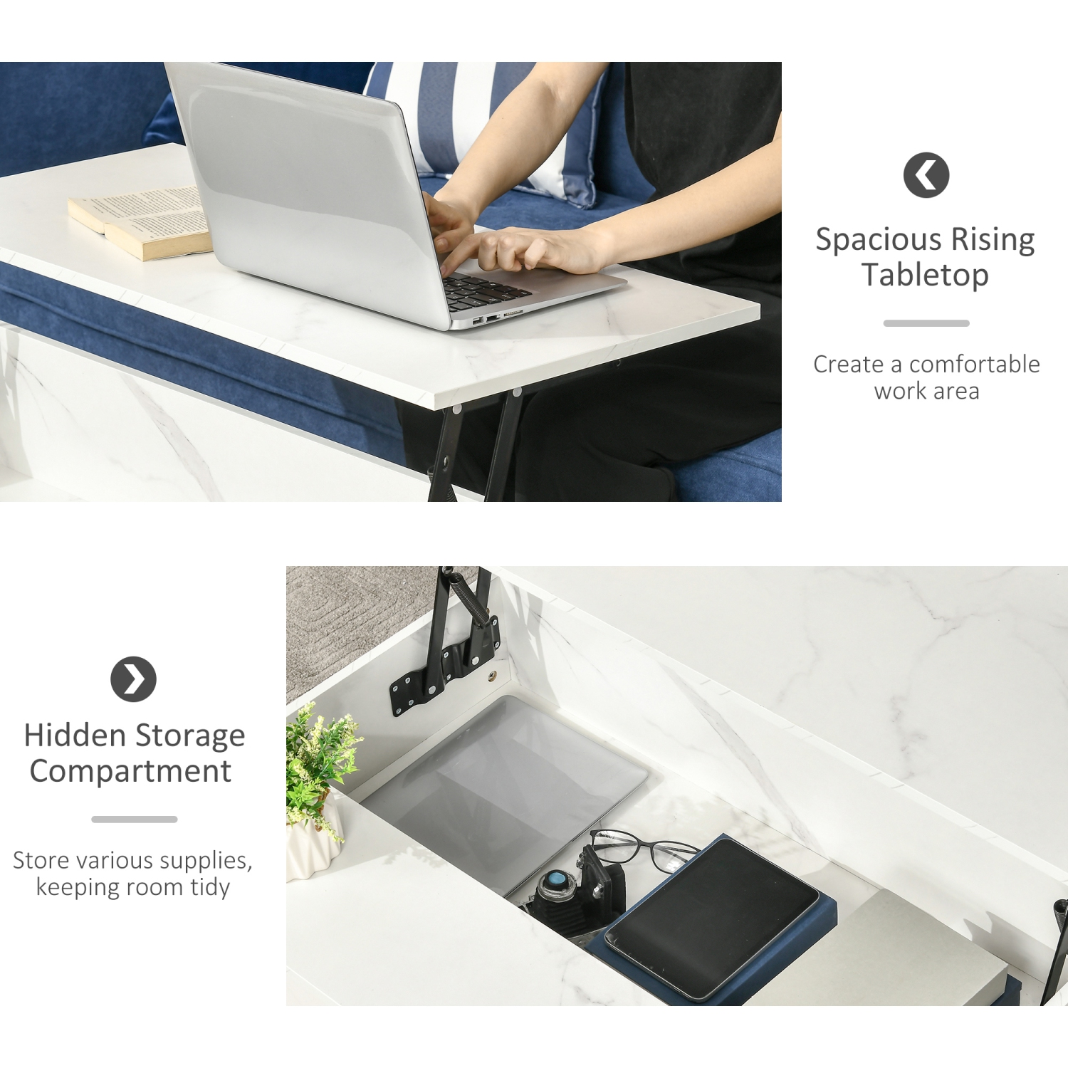 HOMCOM – Table basse à dessus relevable avec compartiment de rangement dissimulé, table centrale pour salon, blanc