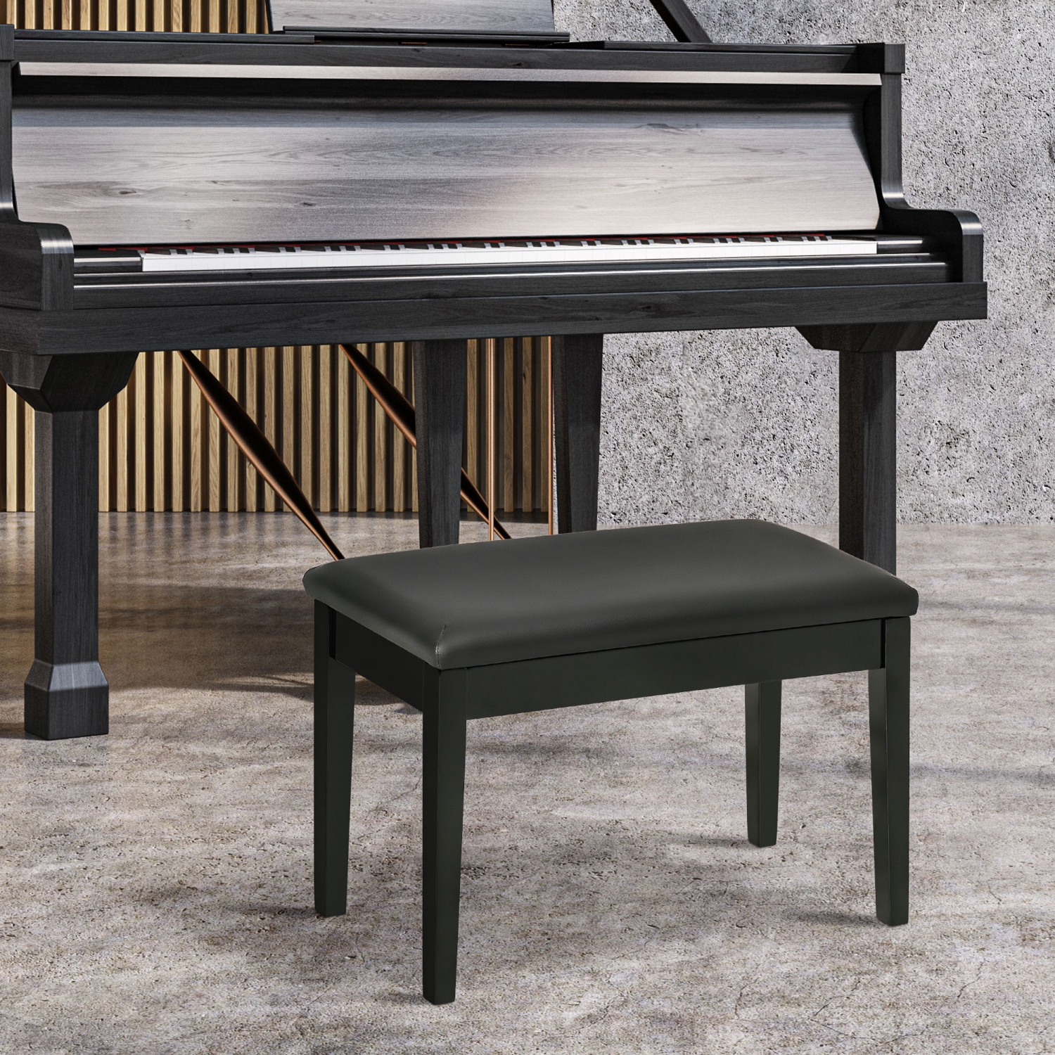 HOMCOM – Banc piano classique, siège rembourré en cuir de polyuréthane avec pattes en hévéa et compartiment de rangement pour la musique, siège