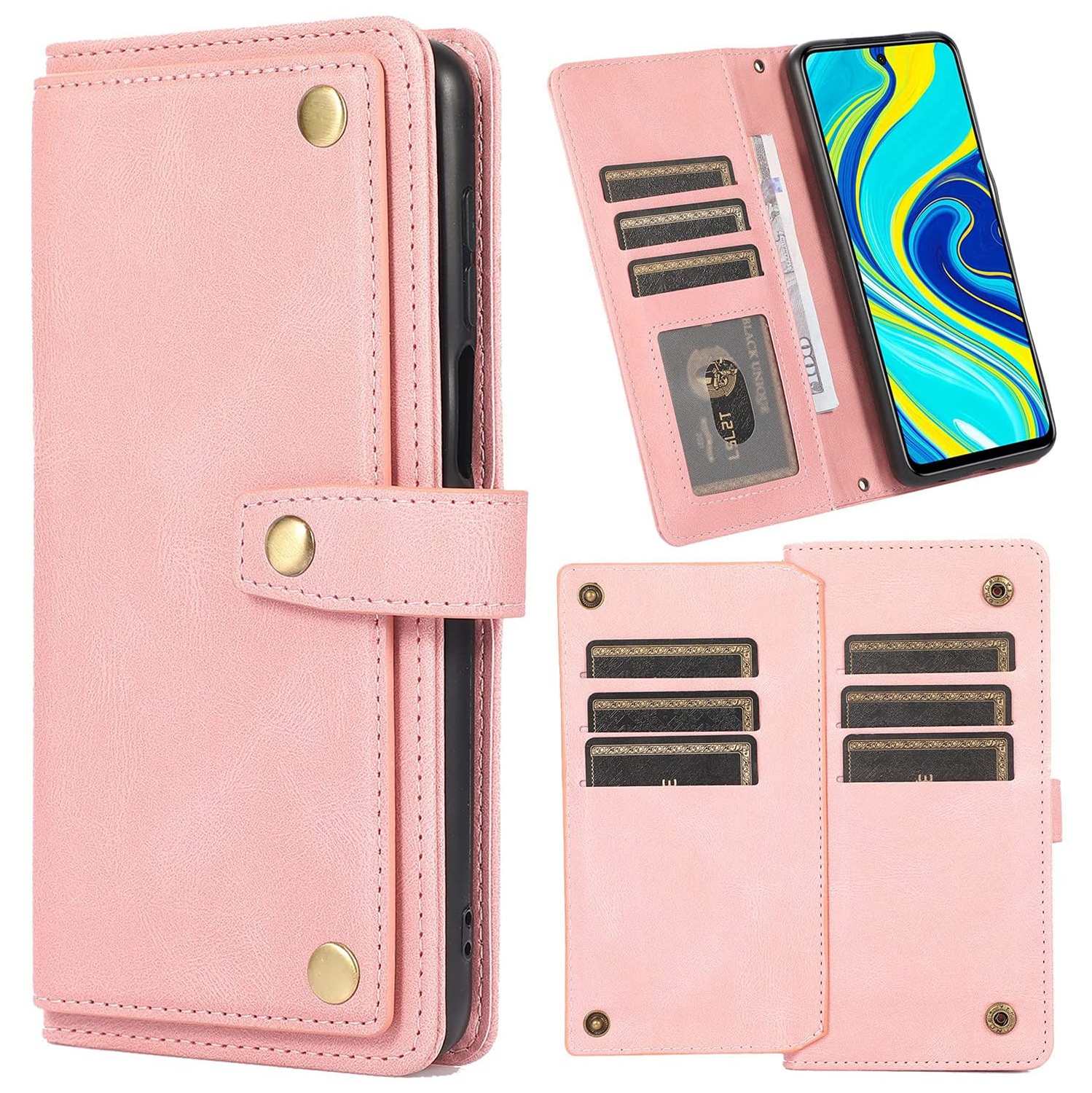Loris & Case Retro Flip Wallet Case with 9 Card Slots Kickstand PU Leather Folio Wrist Strap Purse Phone Cover for iPhone 14 PLUS - Pink