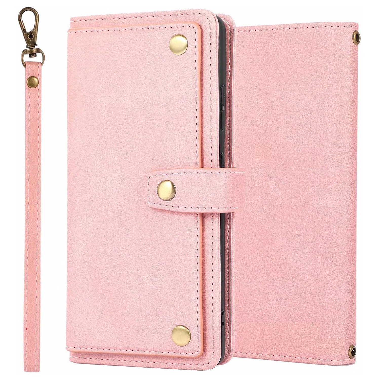 Loris & Case Retro Flip Wallet Case with 9 Card Slots Kickstand PU Leather Folio Wrist Strap Purse Phone Cover for iPhone 14 PLUS - Pink