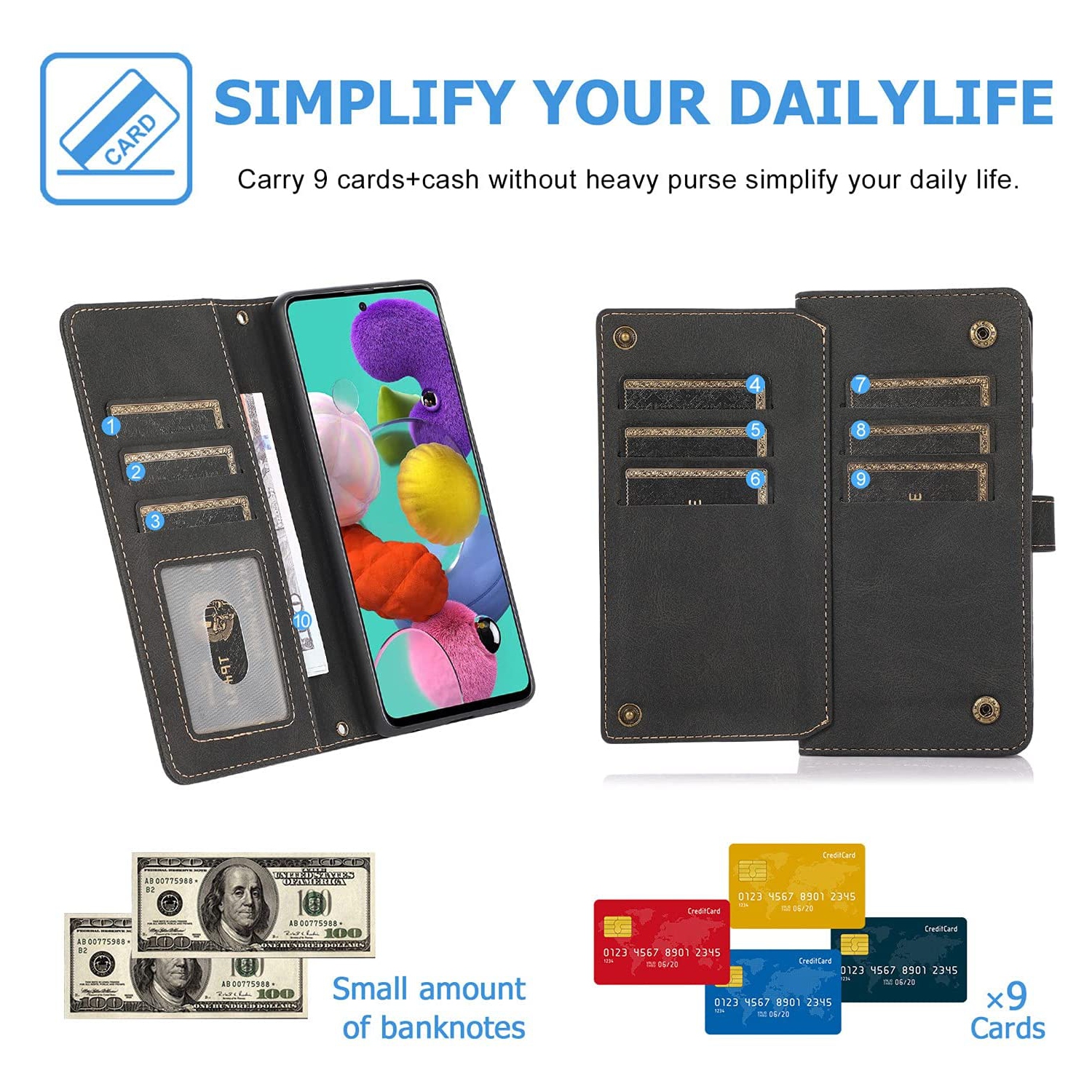 Loris & Case Retro Flip Wallet Case with 9 Card Slots Kickstand PU Leather Folio Wrist Strap Purse Phone Cover for iPhone 14 - Black