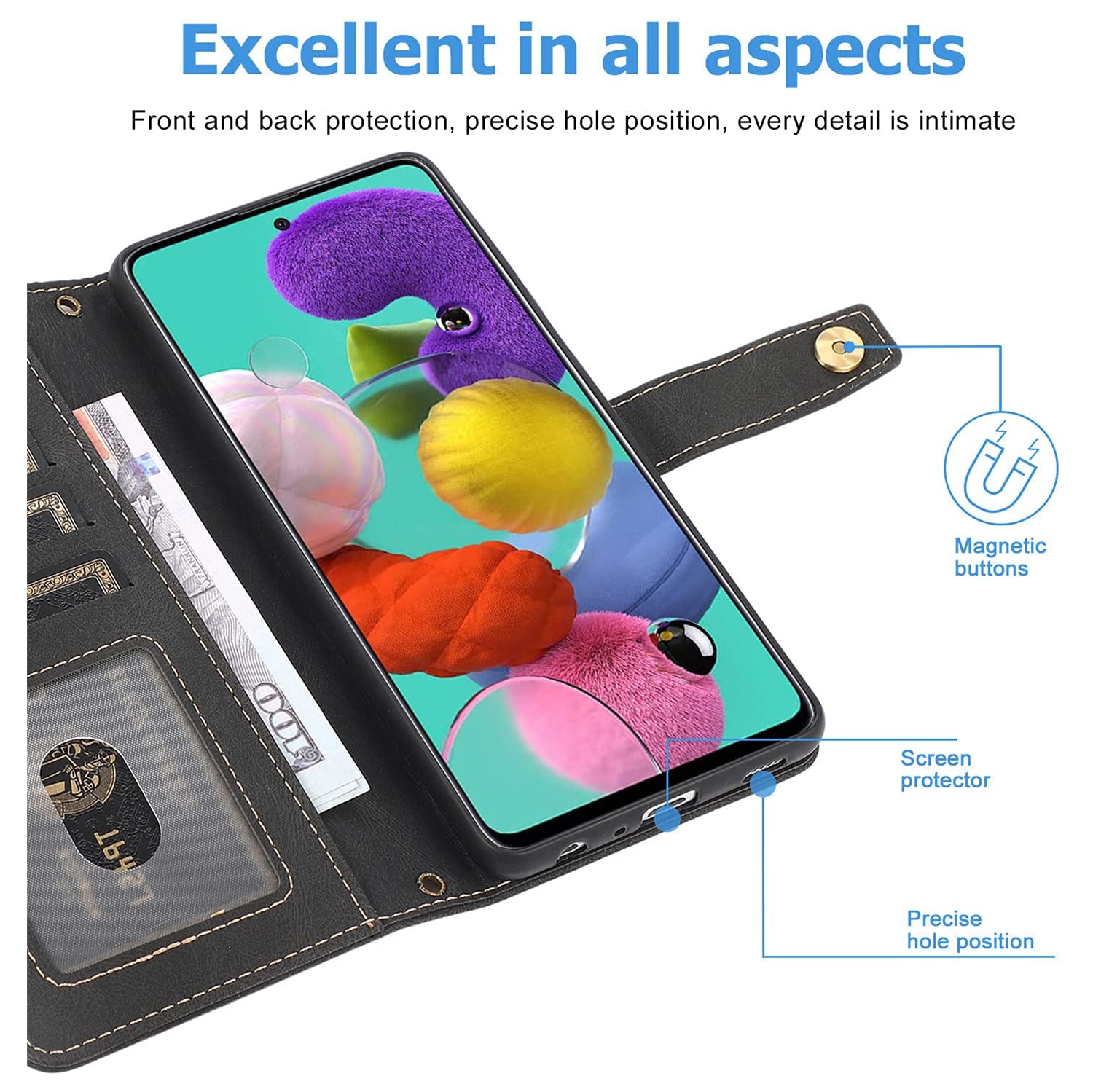 Loris & Case Retro Flip Wallet Case with 9 Card Slots Kickstand PU Leather Folio Wrist Strap Purse Phone Cover for iPhone 14 - Black