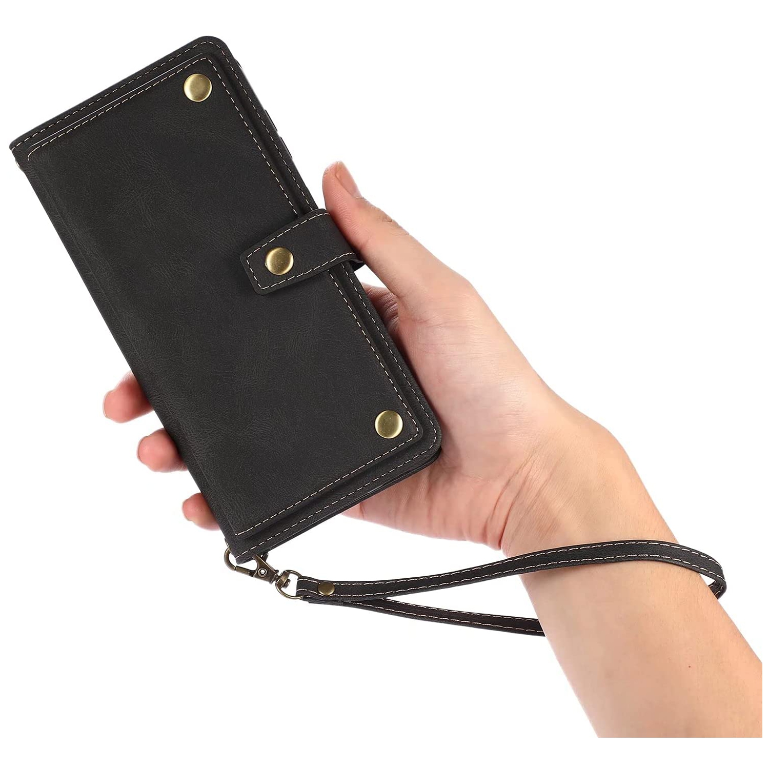 Loris & Case Retro Flip Wallet Case with 9 Card Slots Kickstand PU Leather Folio Wrist Strap Purse Phone Cover for iPhone 14 - Black