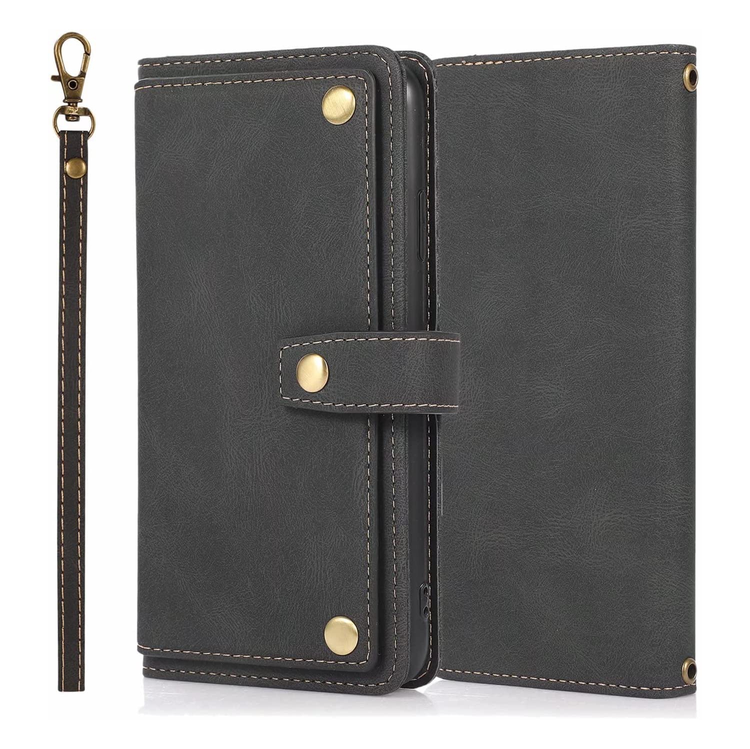 Loris & Case Retro Flip Wallet Case with 9 Card Slots Kickstand PU Leather Folio Wrist Strap Purse Phone Cover for iPhone 14 - Black