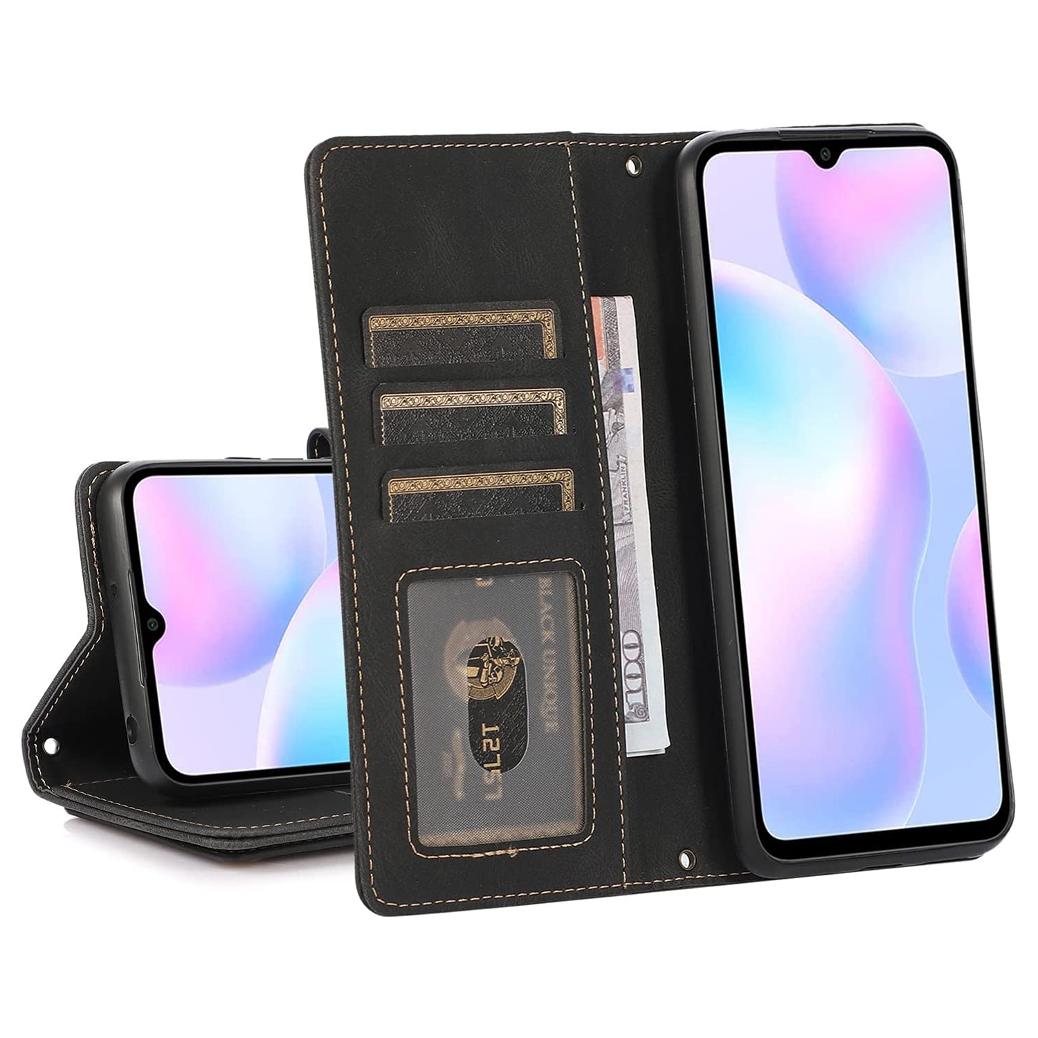 Loris & Case Retro Flip Wallet Case with 9 Card Slots Kickstand PU Leather Folio Wrist Strap Purse Phone Cover for iPhone 14 - Black